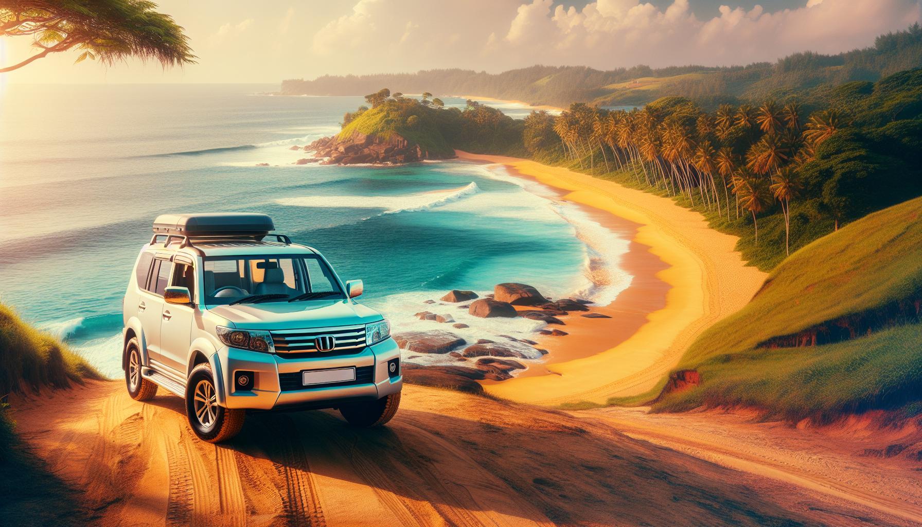 SUV on sandy beach overlooking ocean and palm trees at sunset