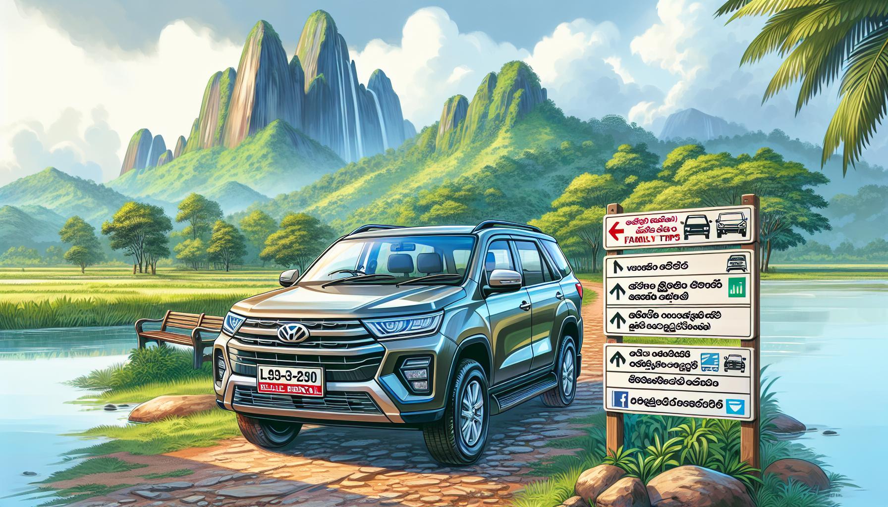 SUV parked by a serene landscape with directional signs in a scenic location