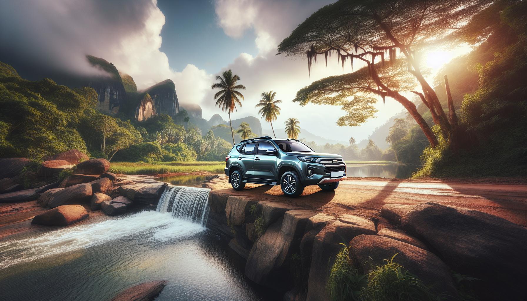 SUV parked in a scenic landscape with waterfall and palm trees