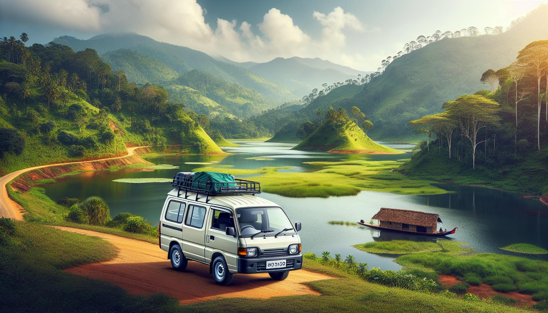 Scenic Landscape with Van and Boat by Serene Lake