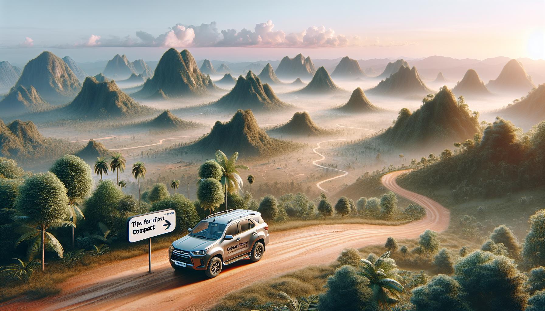 Scenic Mountain Landscape with a Compact SUV and Signpost
