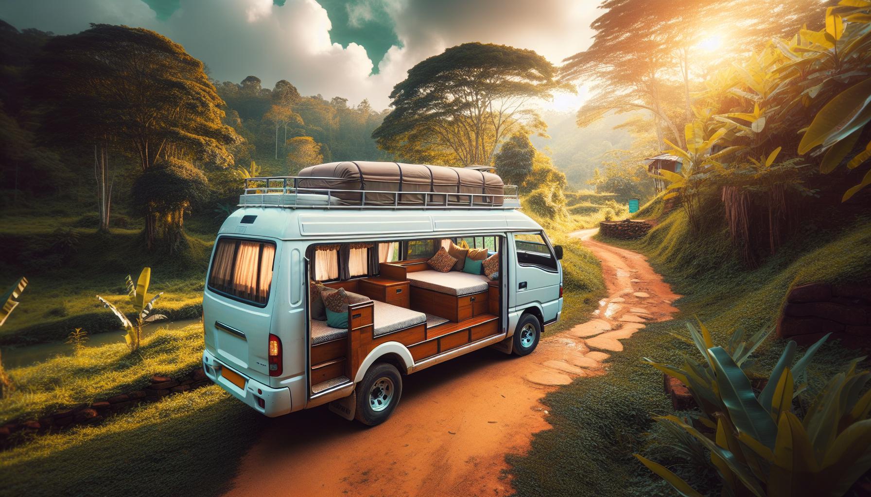 Scenic camper van on a dirt road in a lush landscape