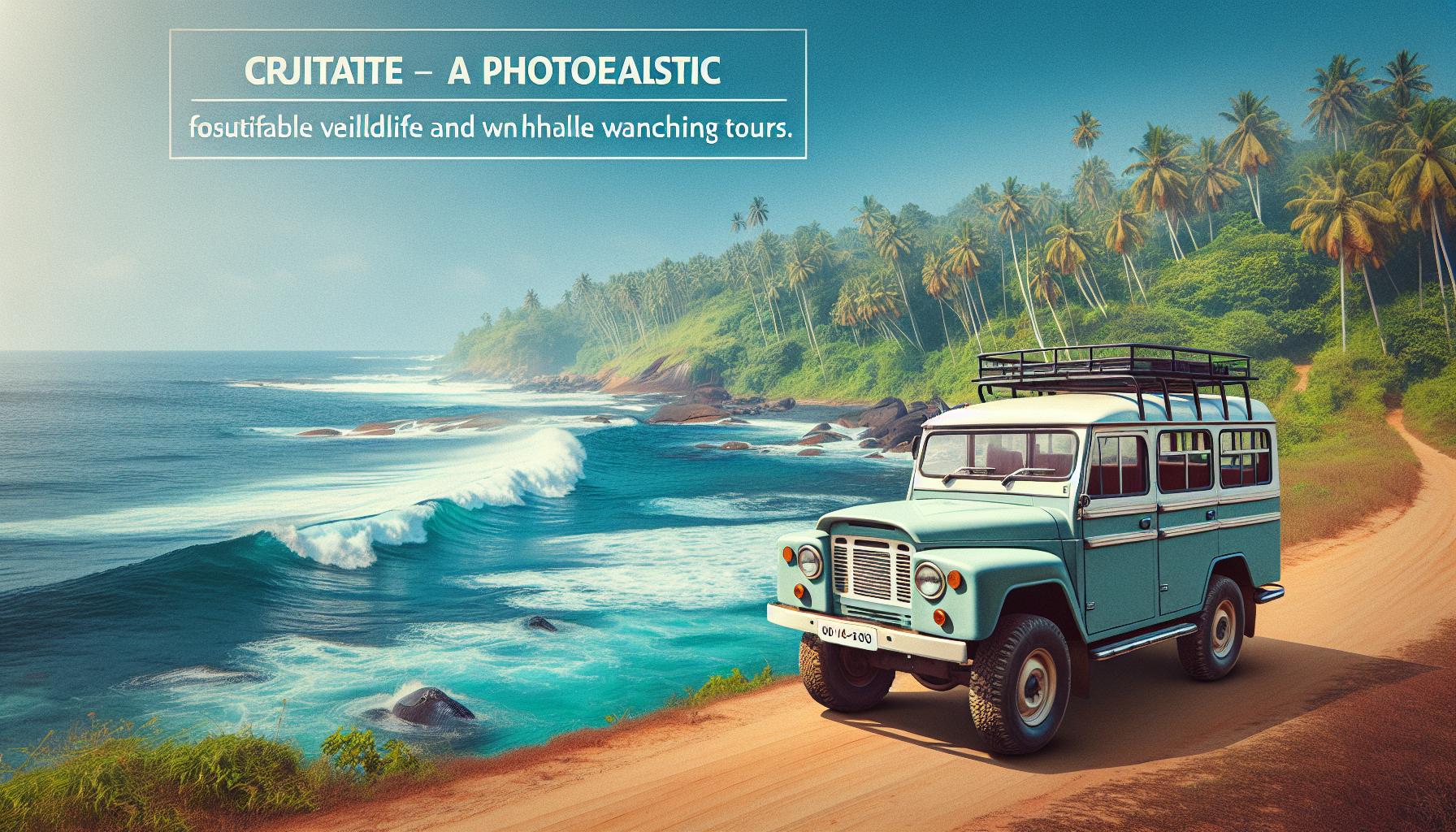Scenic coastal landscape with a vintage blue jeep near the beach and palm trees