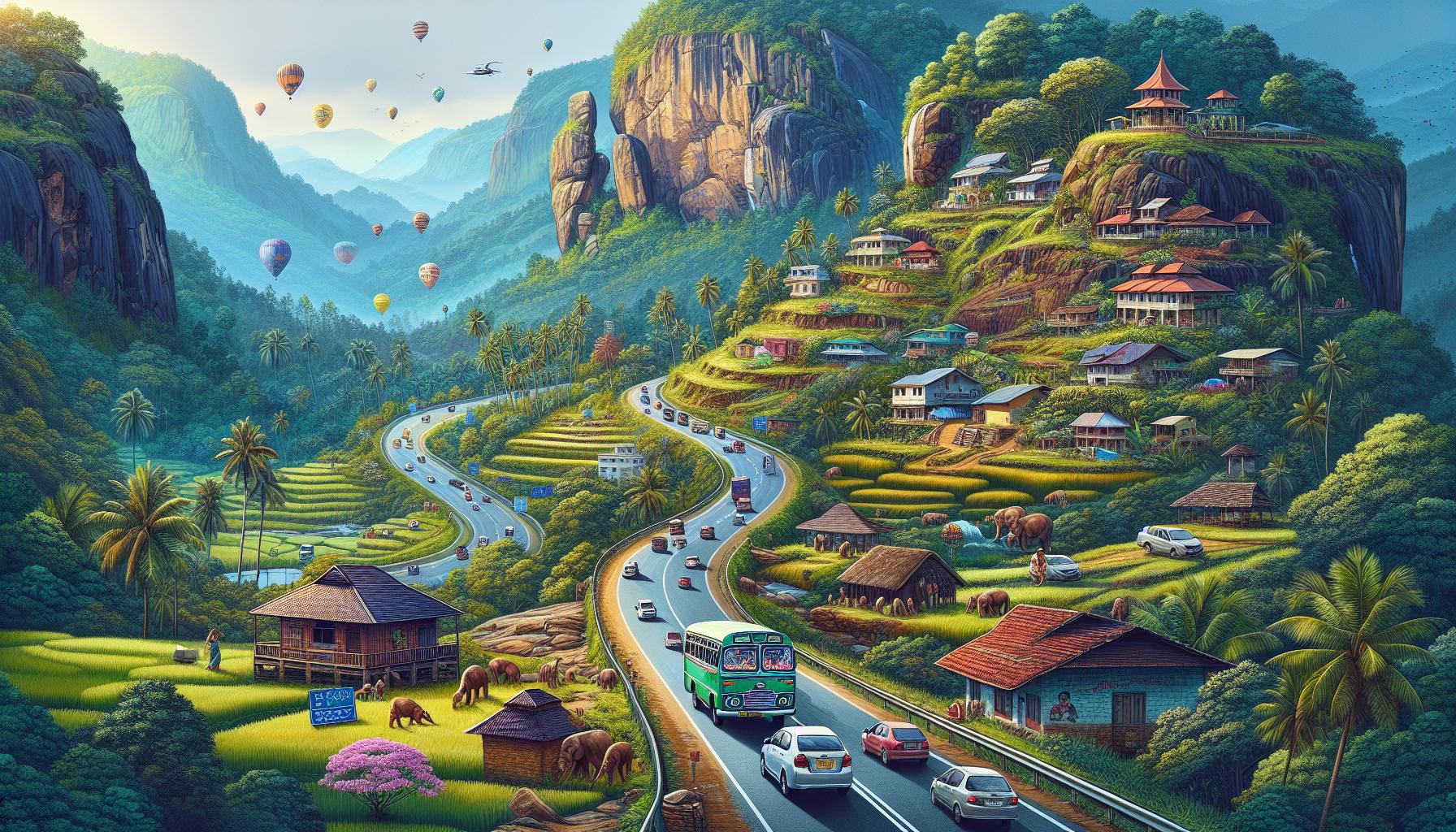 Scenic countryside landscape with winding roads, traditional houses, hot air balloons, and elephants in lush greenery