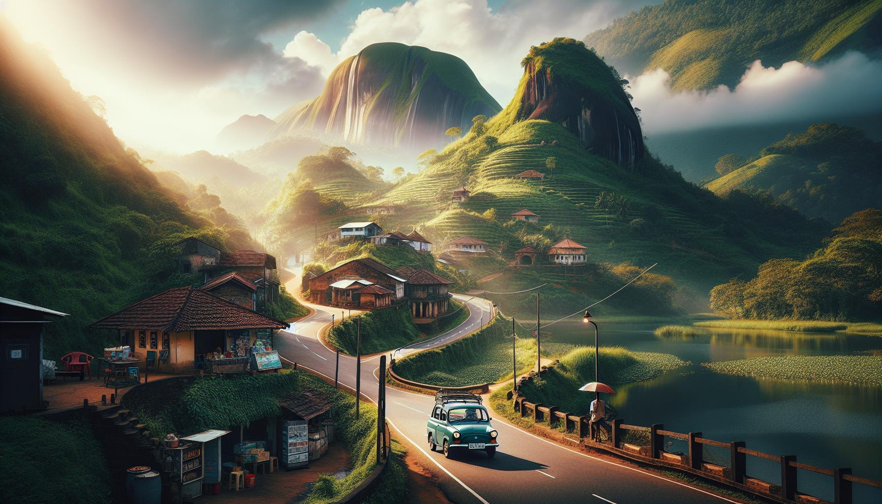 Scenic countryside road with lush mountains and vintage car