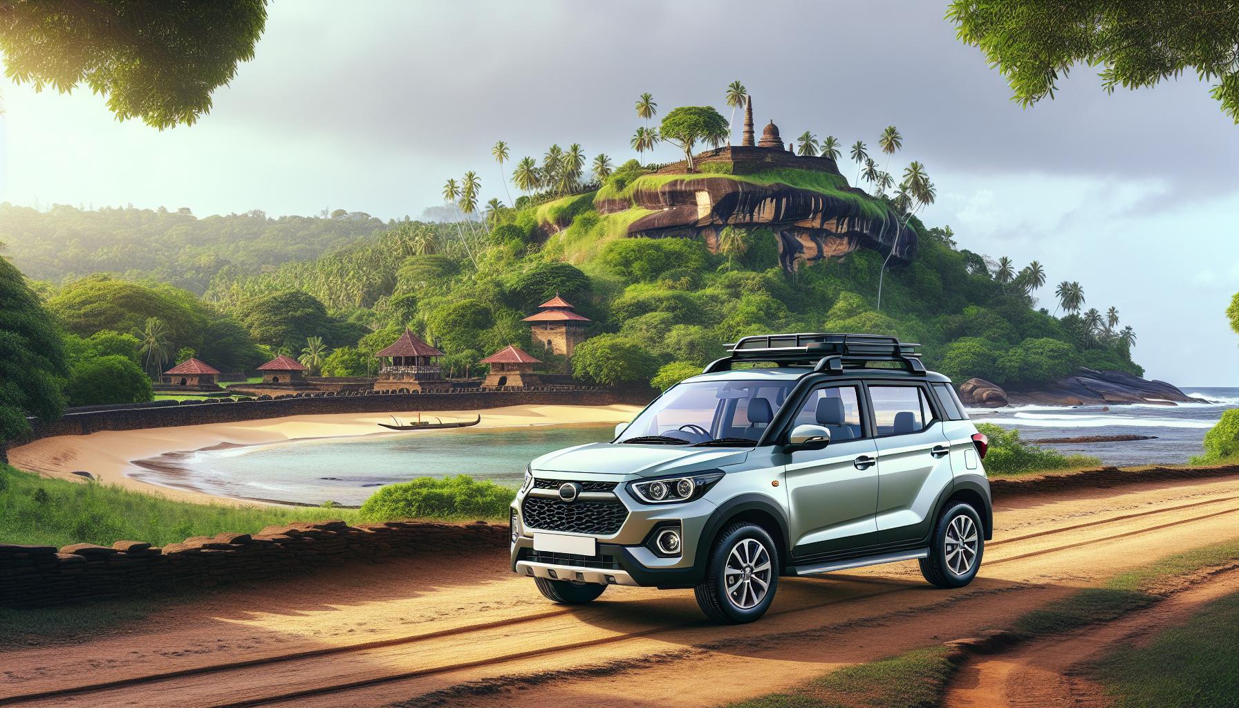 Scenic landscape with SUV by the beach and tropical hills