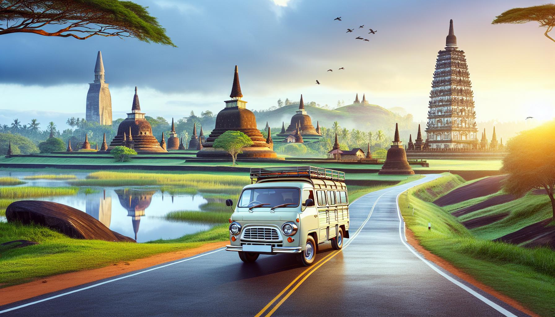 Scenic landscape with a vintage vehicle near ancient pagodas and a tranquil lake at sunrise