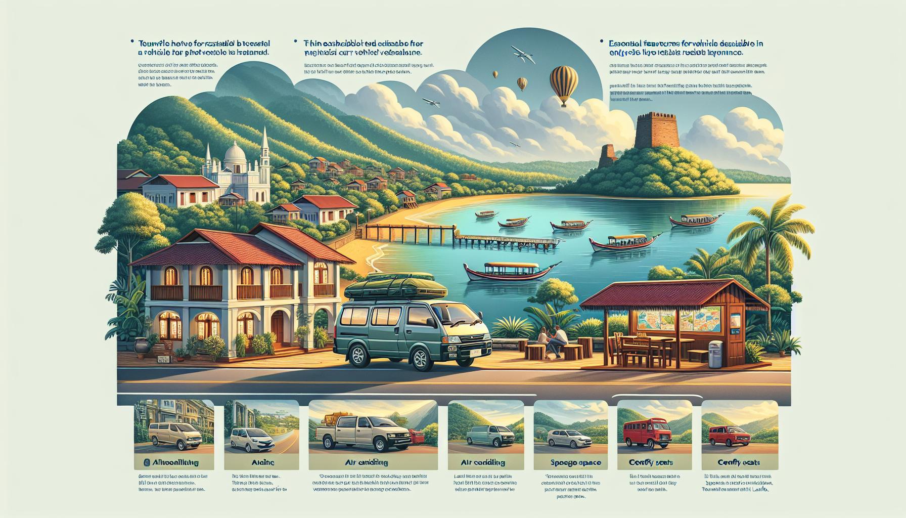 Scenic landscape with vehicles and local attractions in a coastal setting