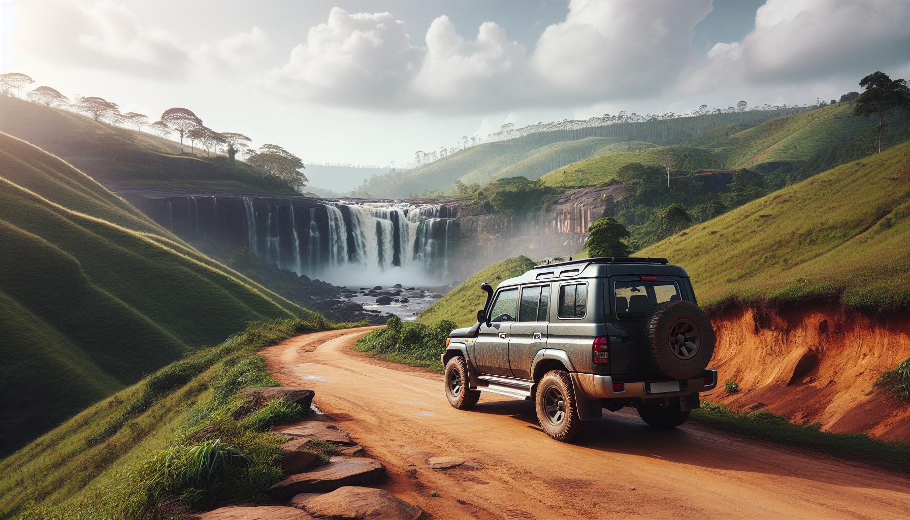 Scenic landscape with waterfall and off-road vehicle on dirt road