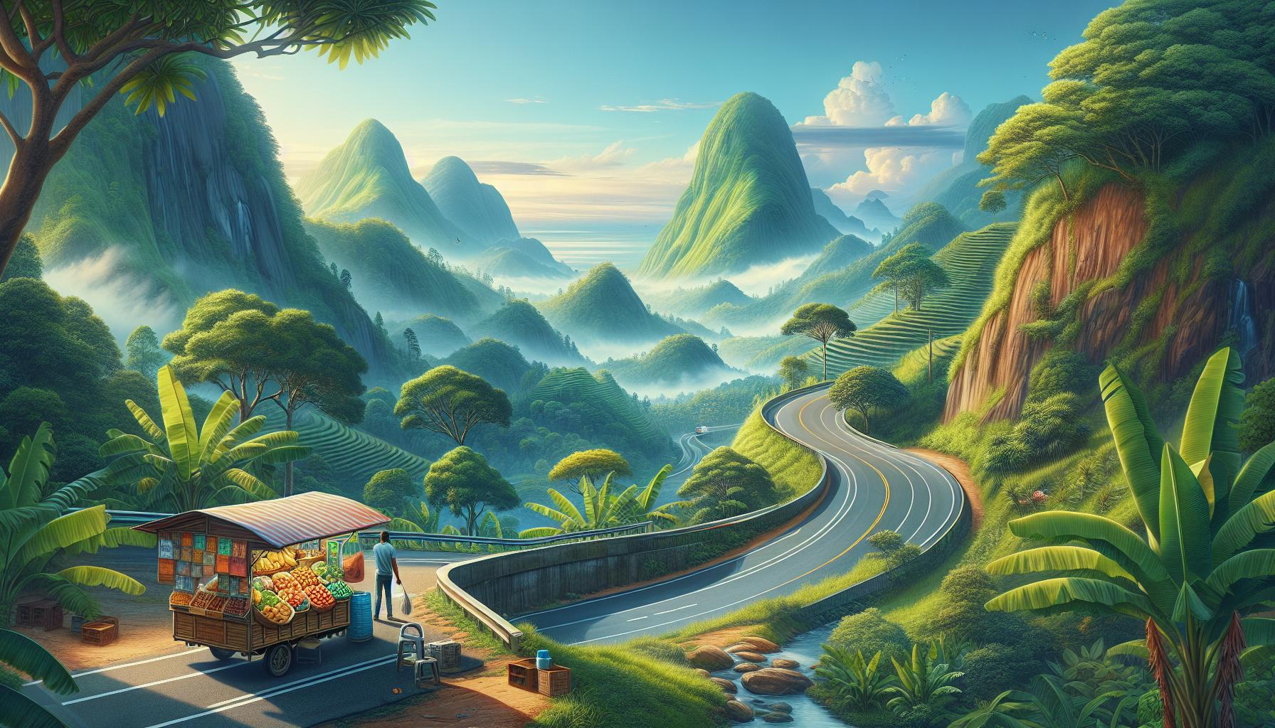 Scenic mountain landscape with fruit cart beside winding road