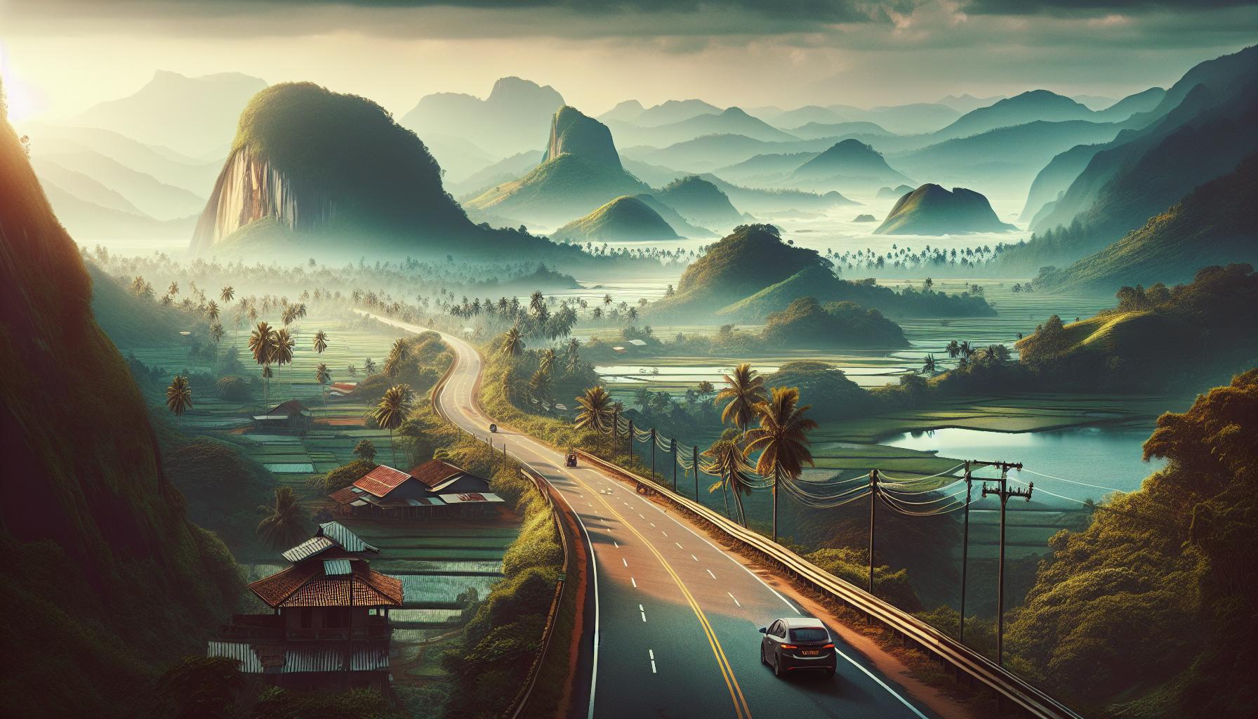 Scenic mountain landscape with winding road and lush greenery