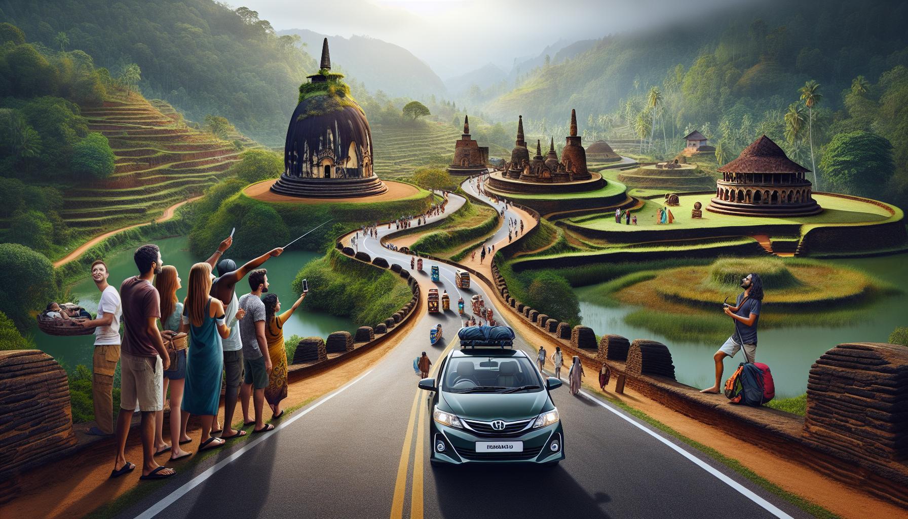 Scenic road with travelers, traditional architecture, and lush landscapes