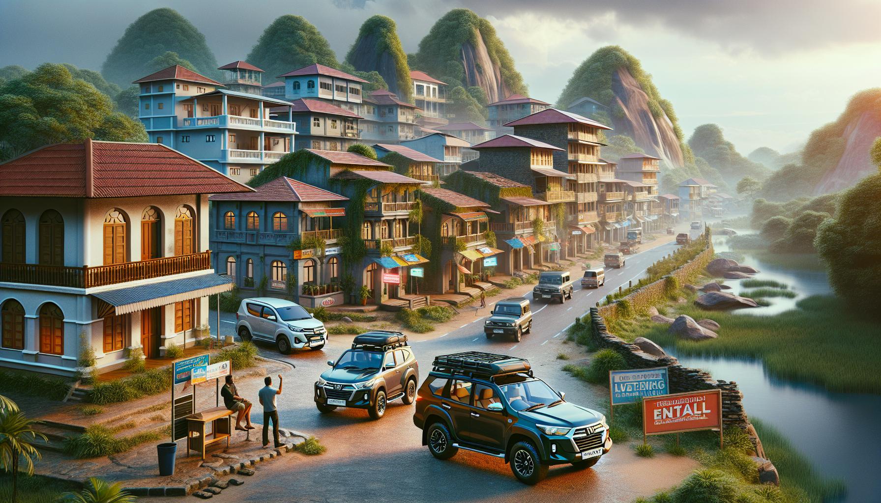 Scenic rural town with traditional architecture and vehicles on a winding road through lush hills