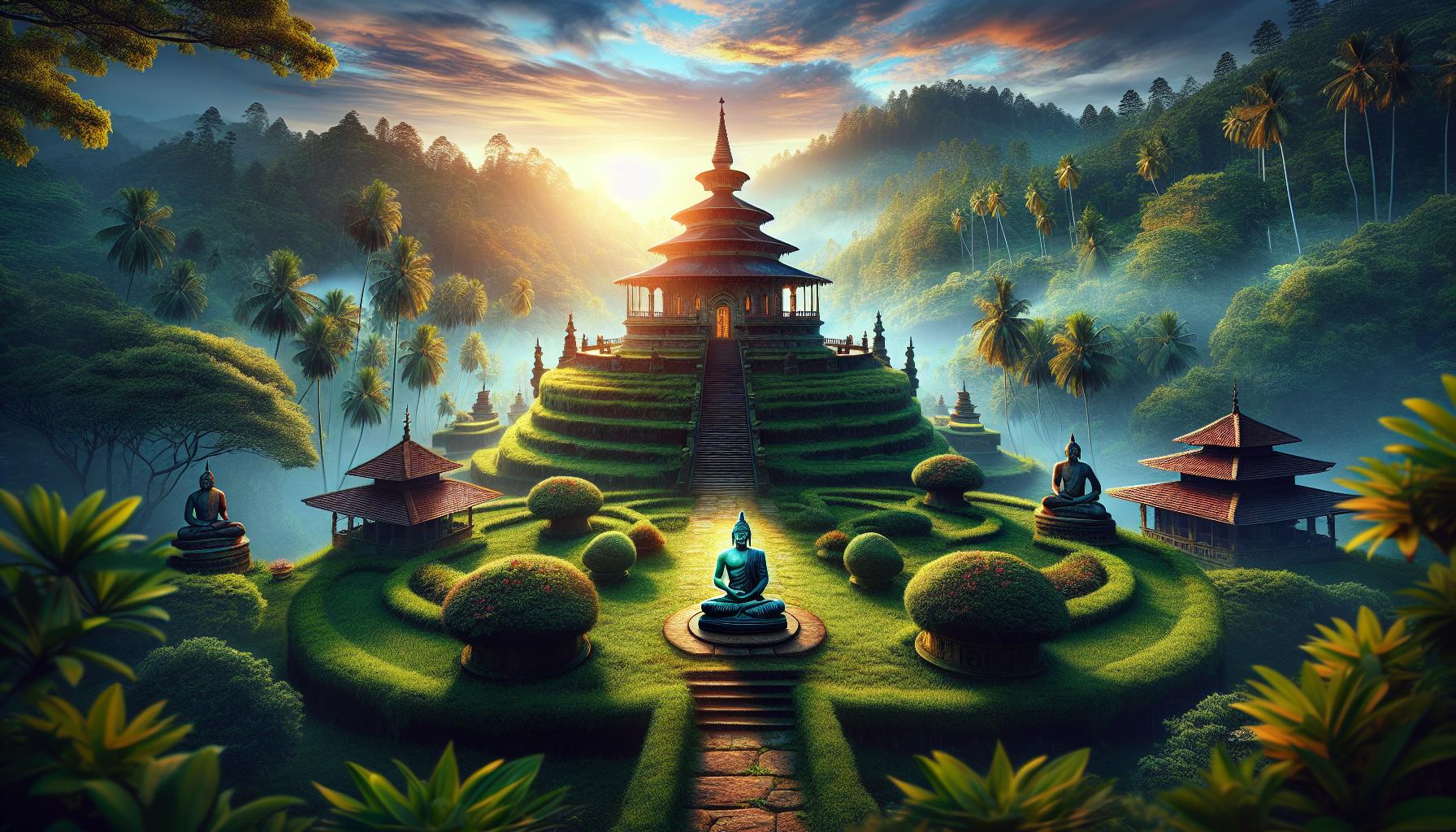 Serene Buddhist Temple in Lush Landscape at Sunrise