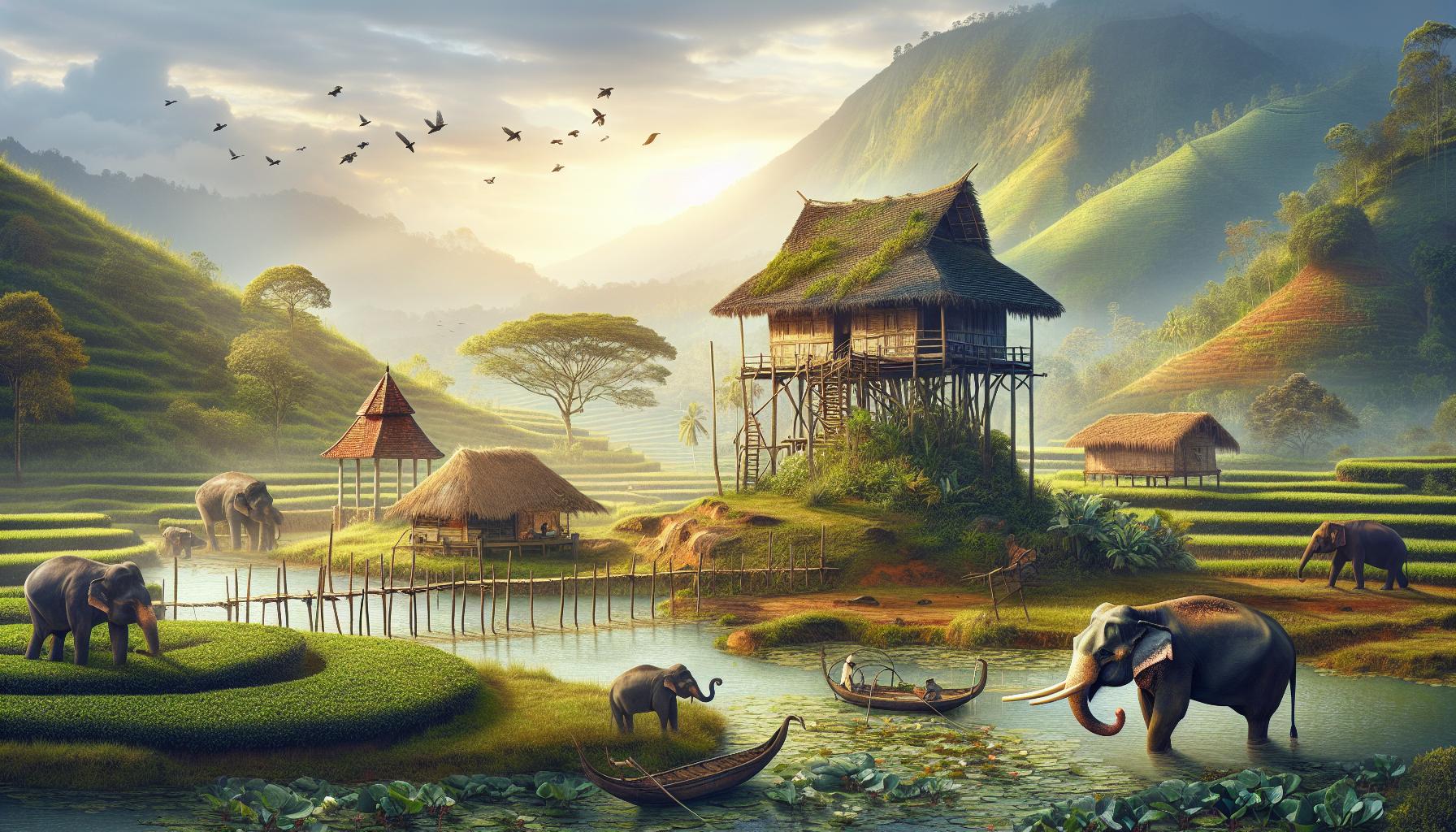 Serene Landscape with Elephants, Rice Terraces, and Traditional Houses