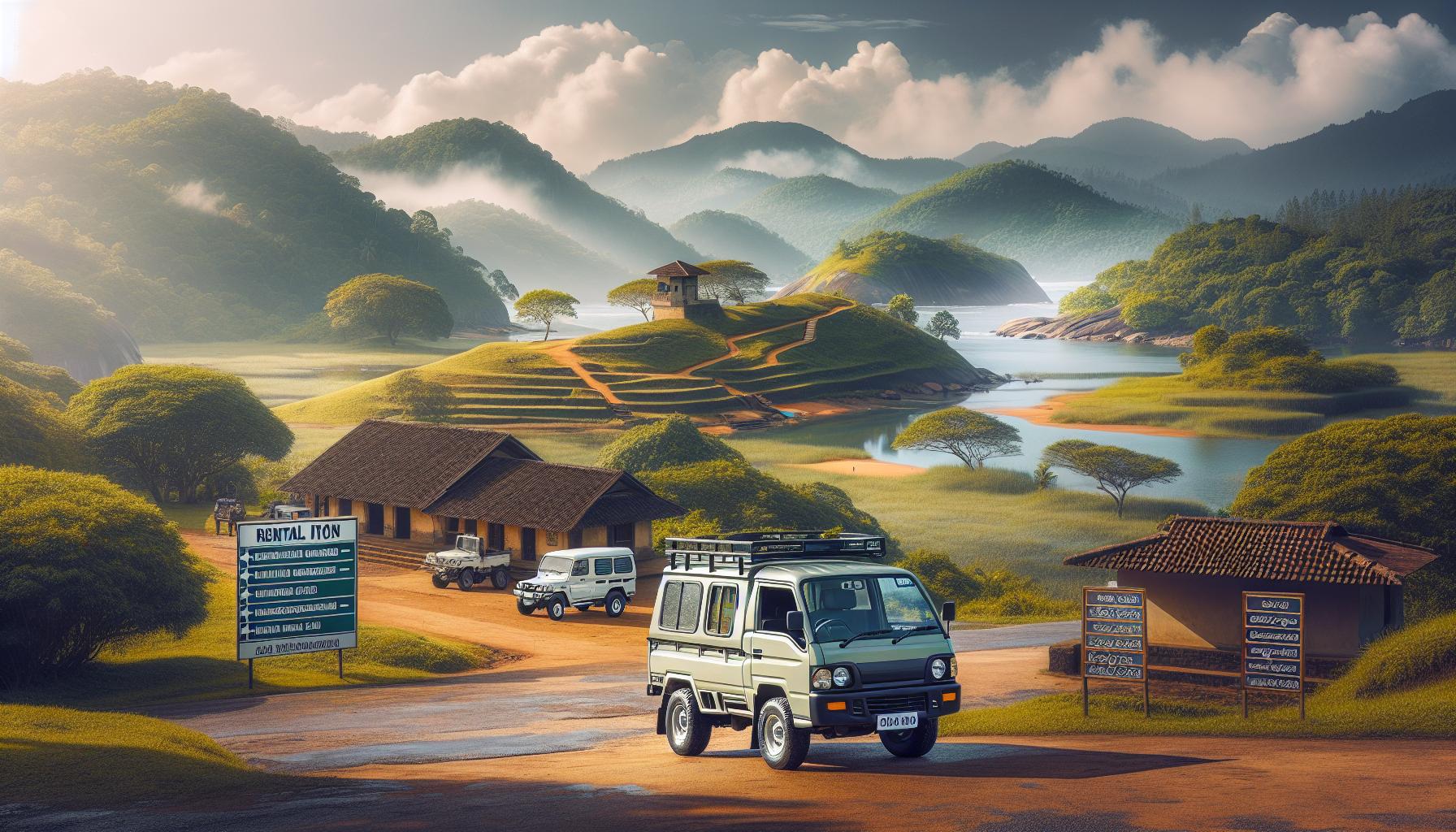 Serene Landscape with Vehicles and Rental Signage