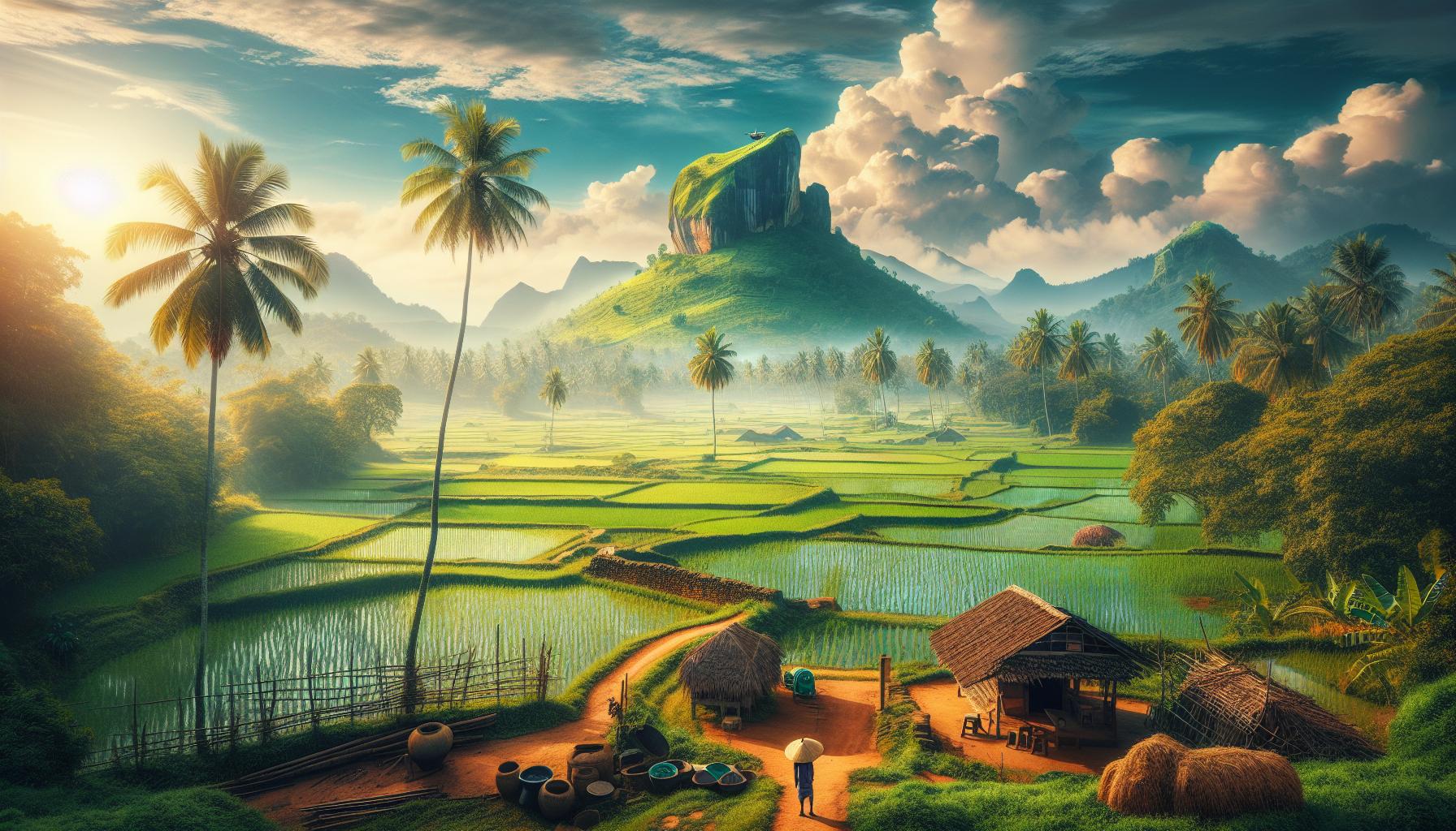 Serene Rice Fields with Palm Trees and Mountain Landscape at Sunrise