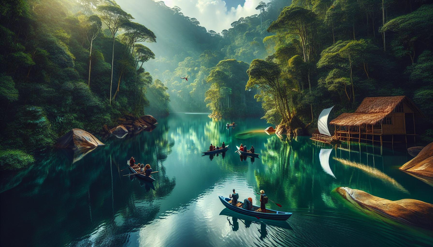 Serene River Scene with Canoes and Lush Greenery