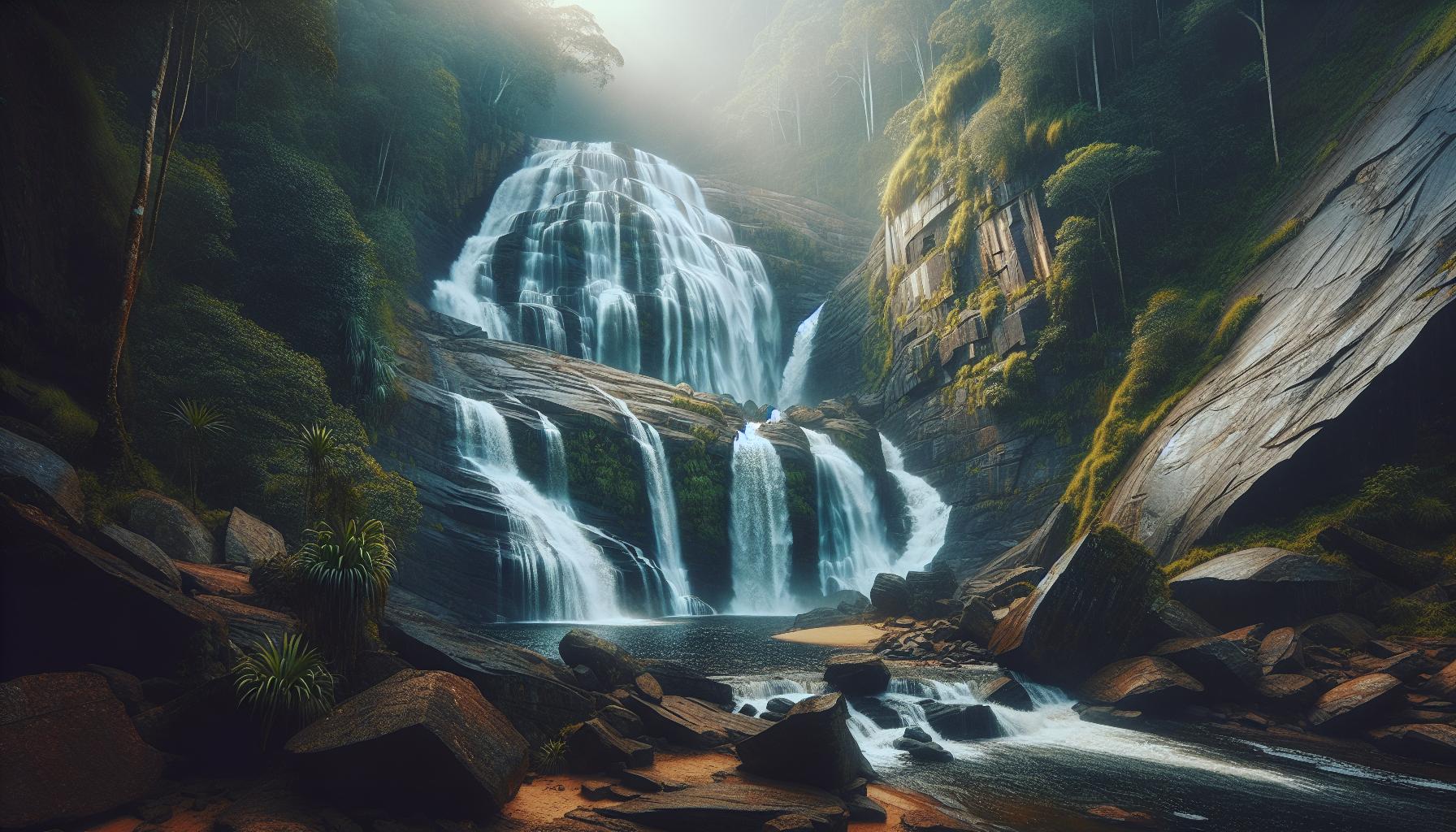 Serene Waterfall Cascading Down Rocky Cliffs Surrounded by Lush Greenery