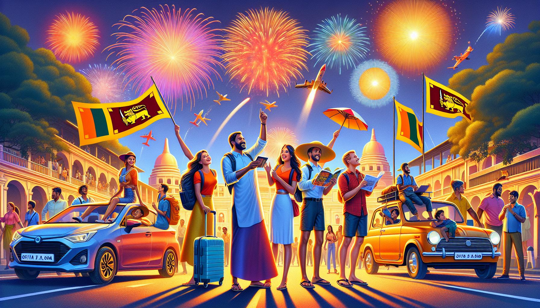 Sri Lankan celebration with fireworks and joyful travelers holding flags