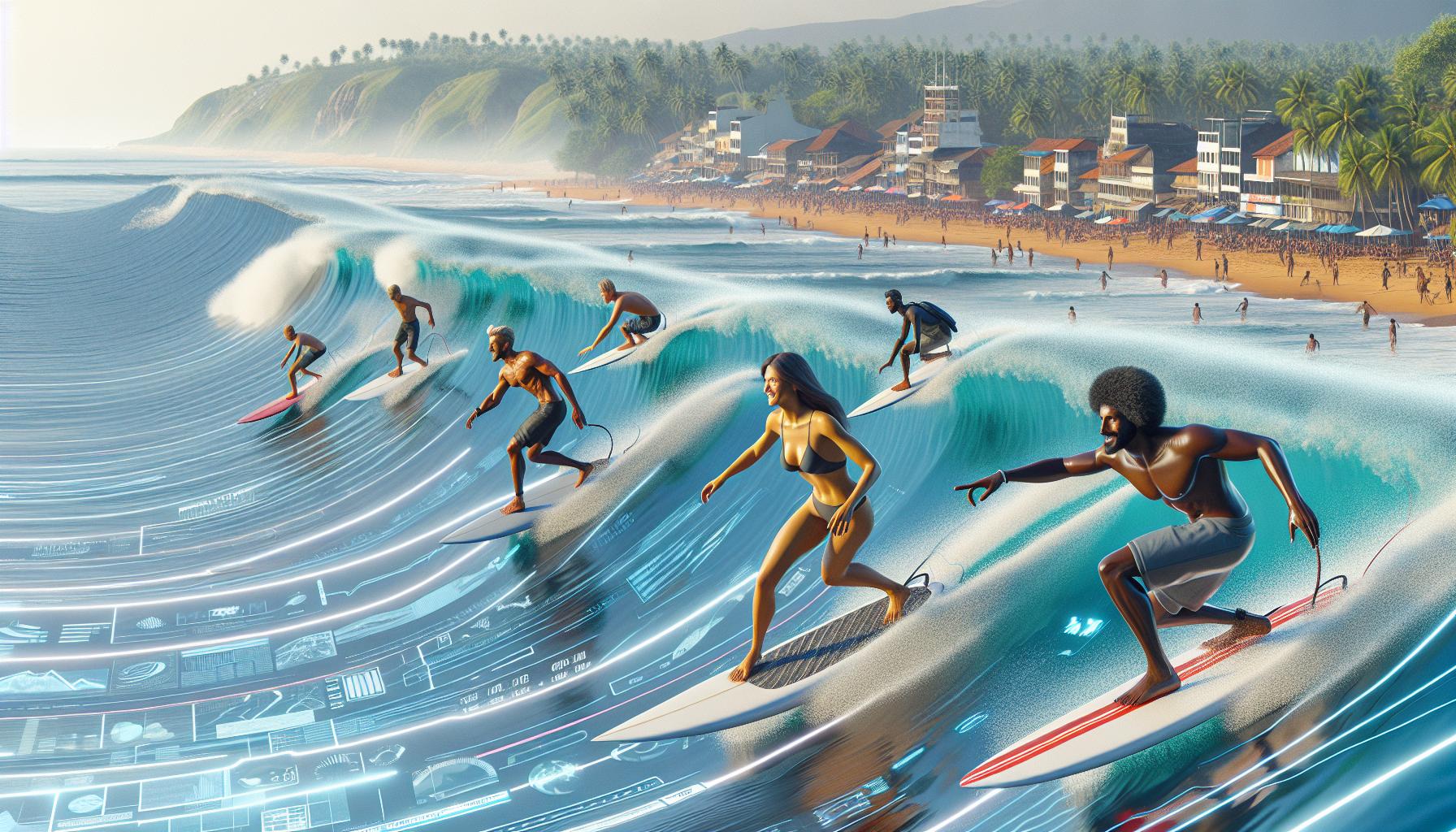 Surfers Riding Digital Waves at a Tropical Beach