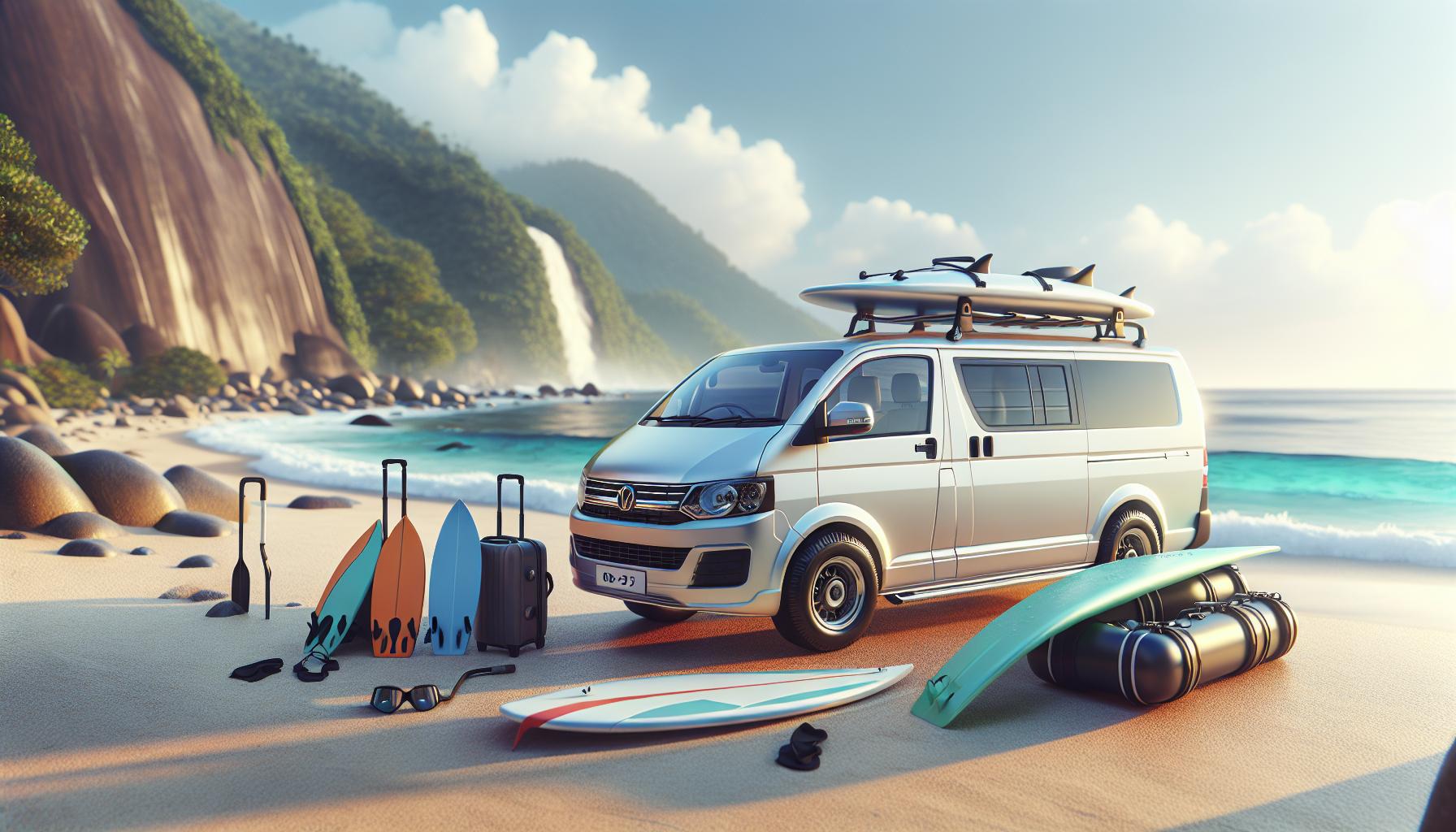Surfing Adventure at the Beach with a Van and Surfboards