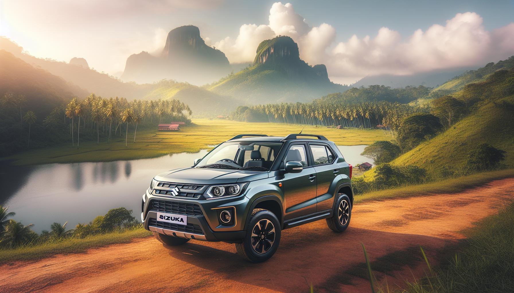 Suzuki SUV in Scenic Landscape with Mountains and River