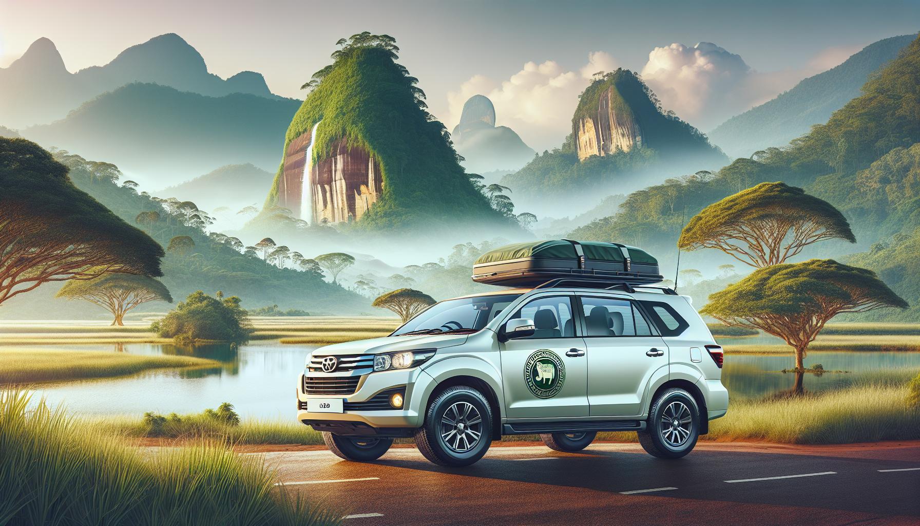 Toyota SUV against a serene mountainous landscape with a rooftop carrier