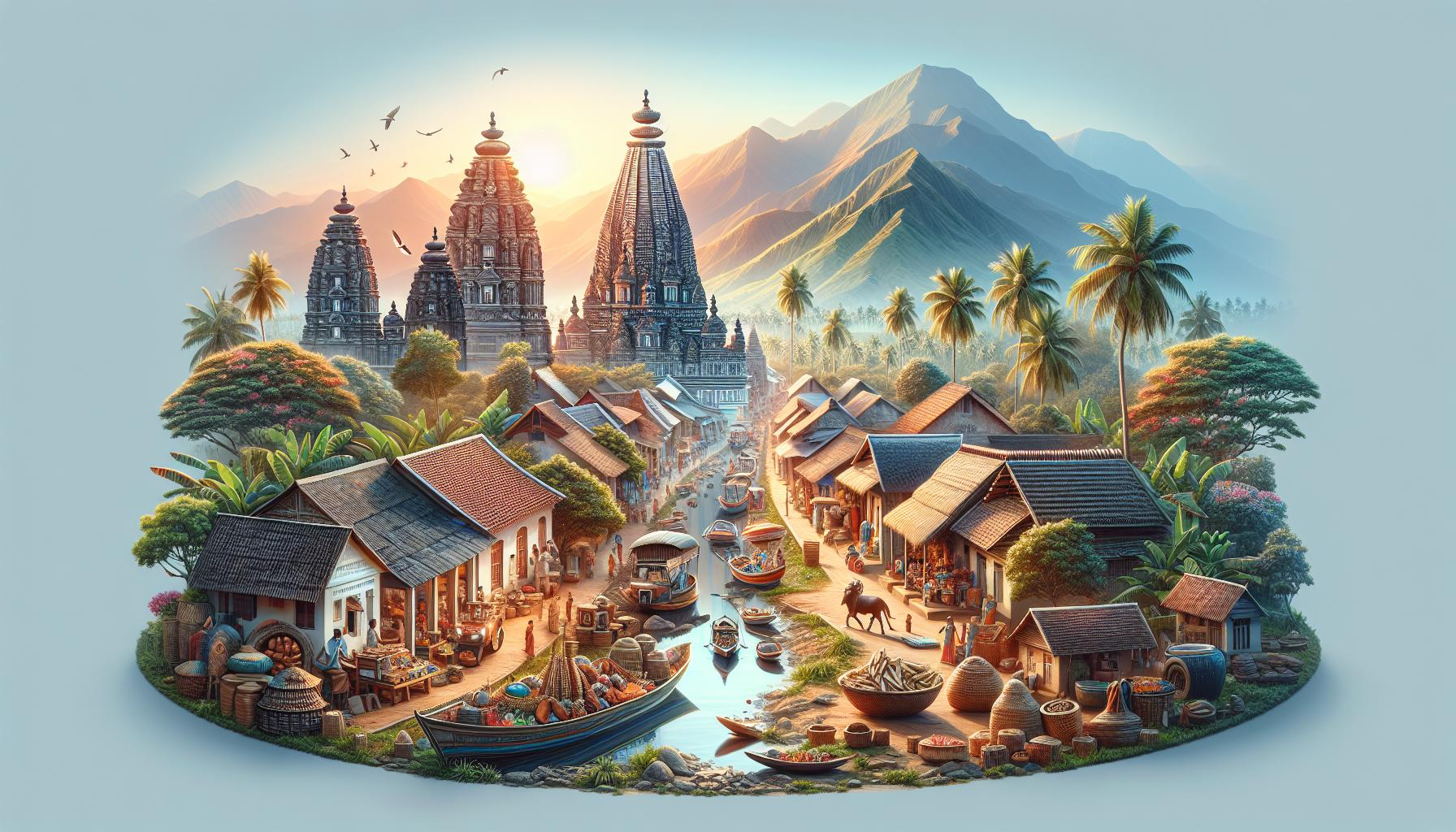 Traditional Village Market with Temples and Mountains in the Background