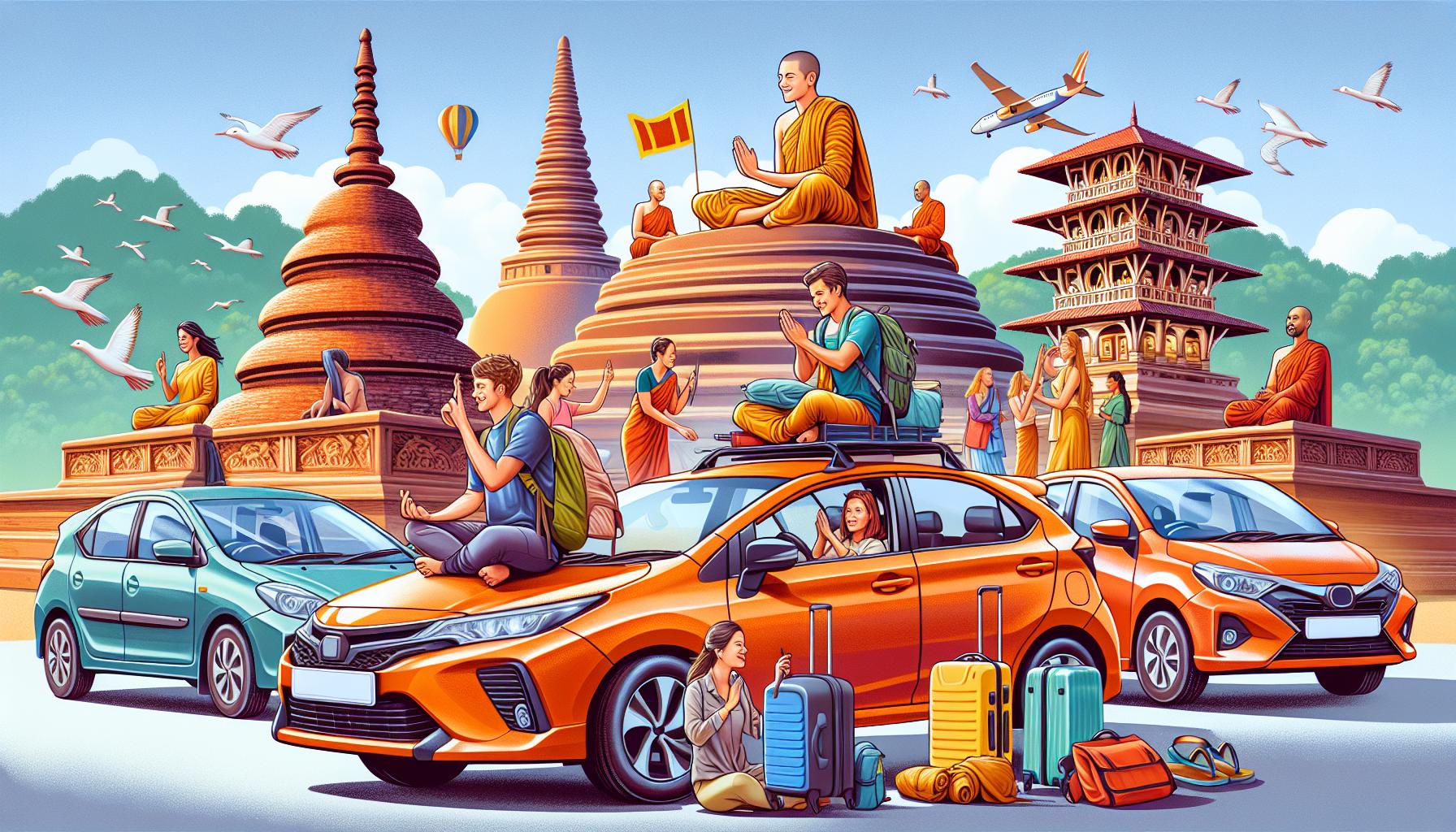 Travelers at a cultural site with cars, statues, and monks in a vibrant scene