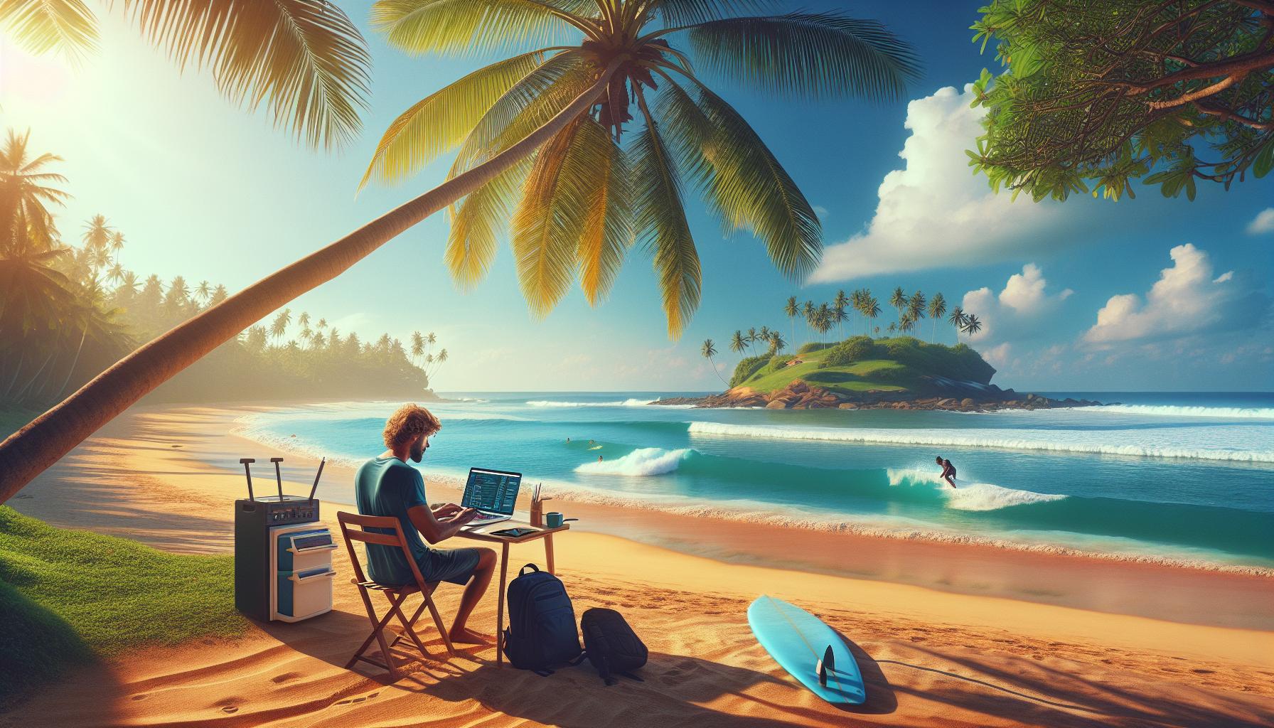 Tropical Beach Office with Laptop and Surfboard