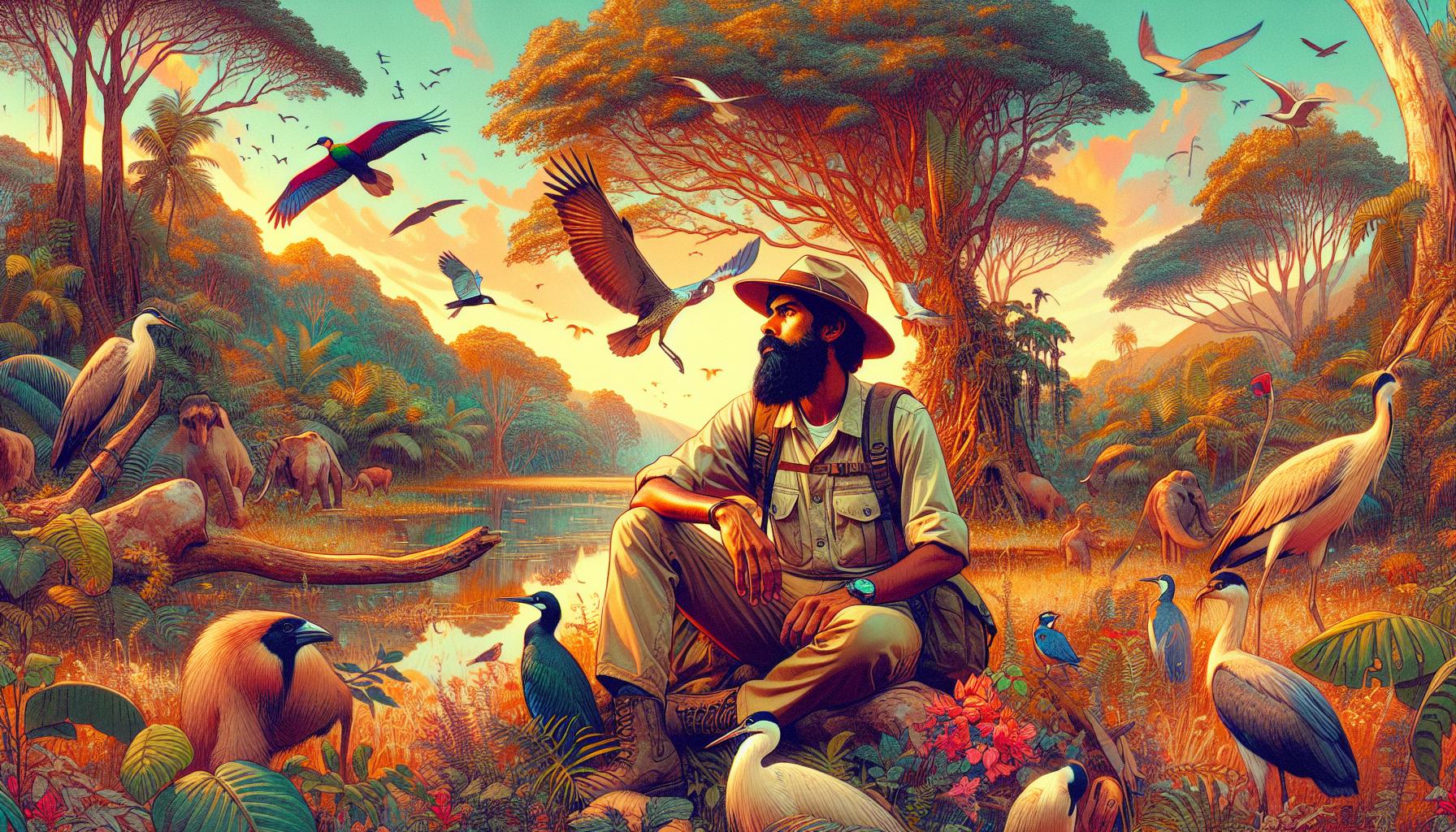 Tropical Explorer Surrounded by Exotic Wildlife