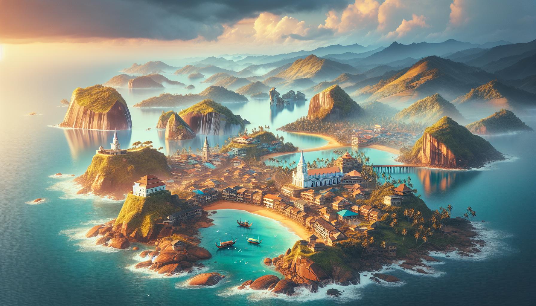 Tropical Island Landscape with Coastal Village and Mountains