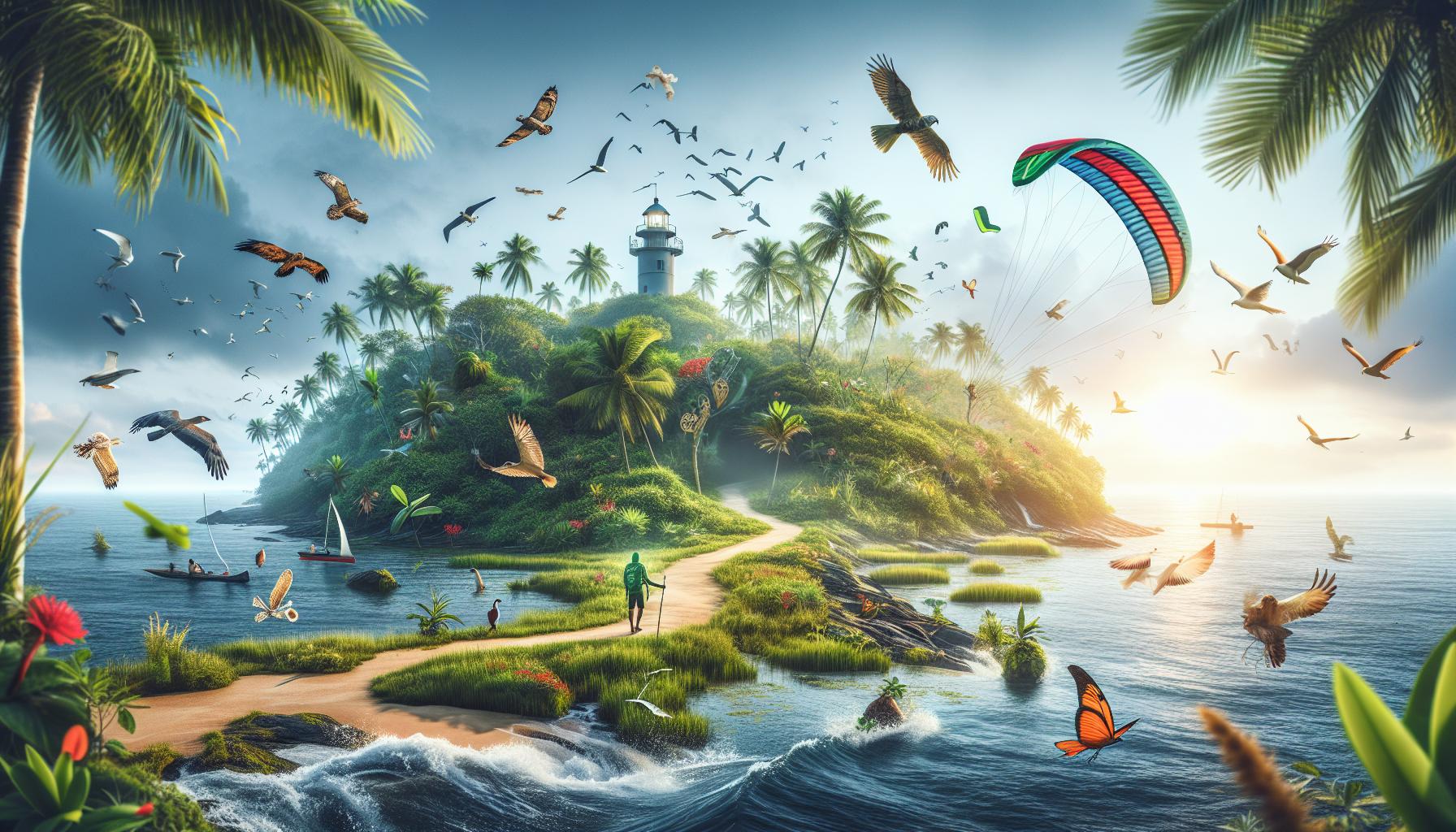 Tropical Island Paradise with Birds and Lighthouse