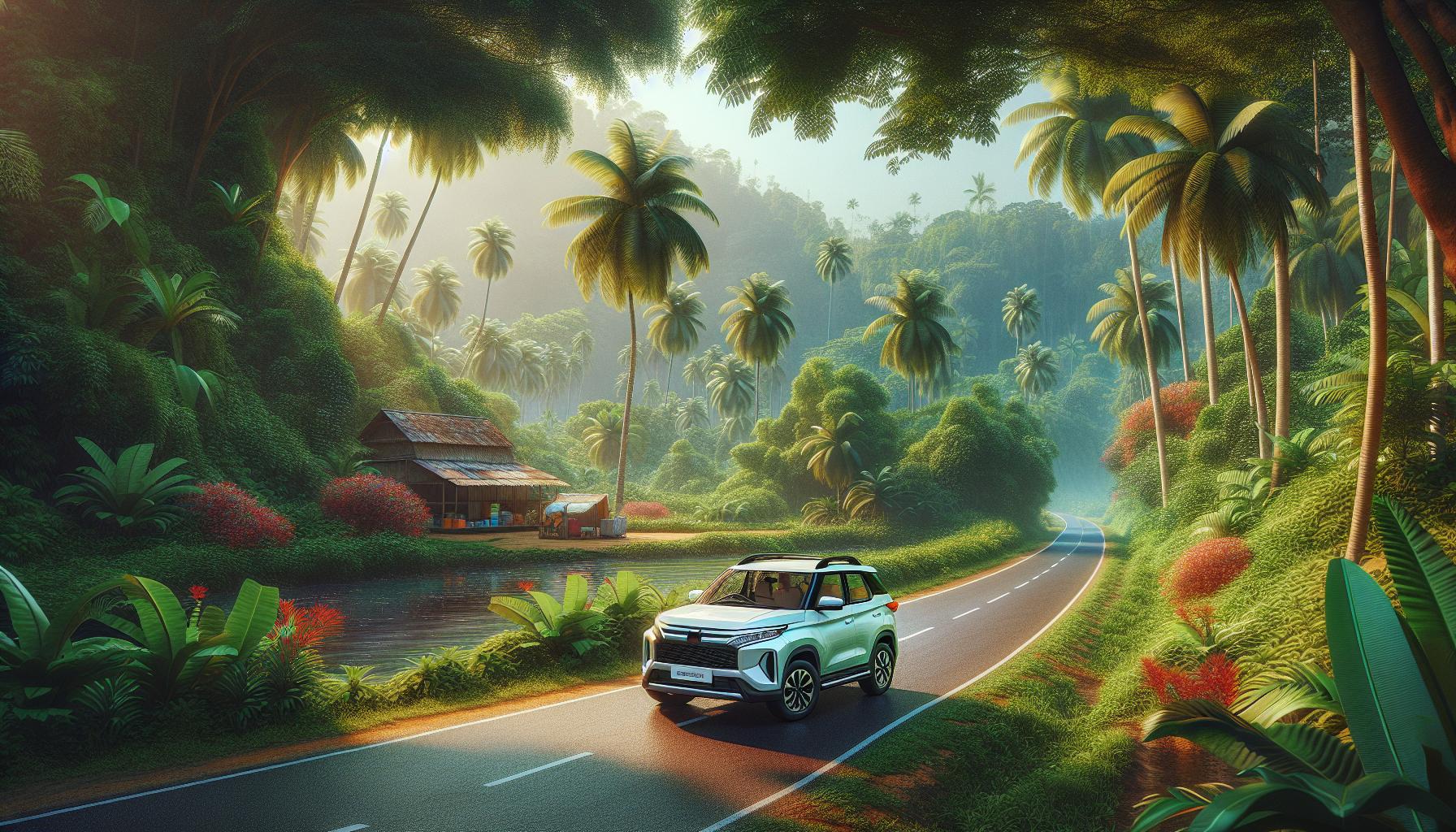 Tropical Landscape with Car on Scenic Road