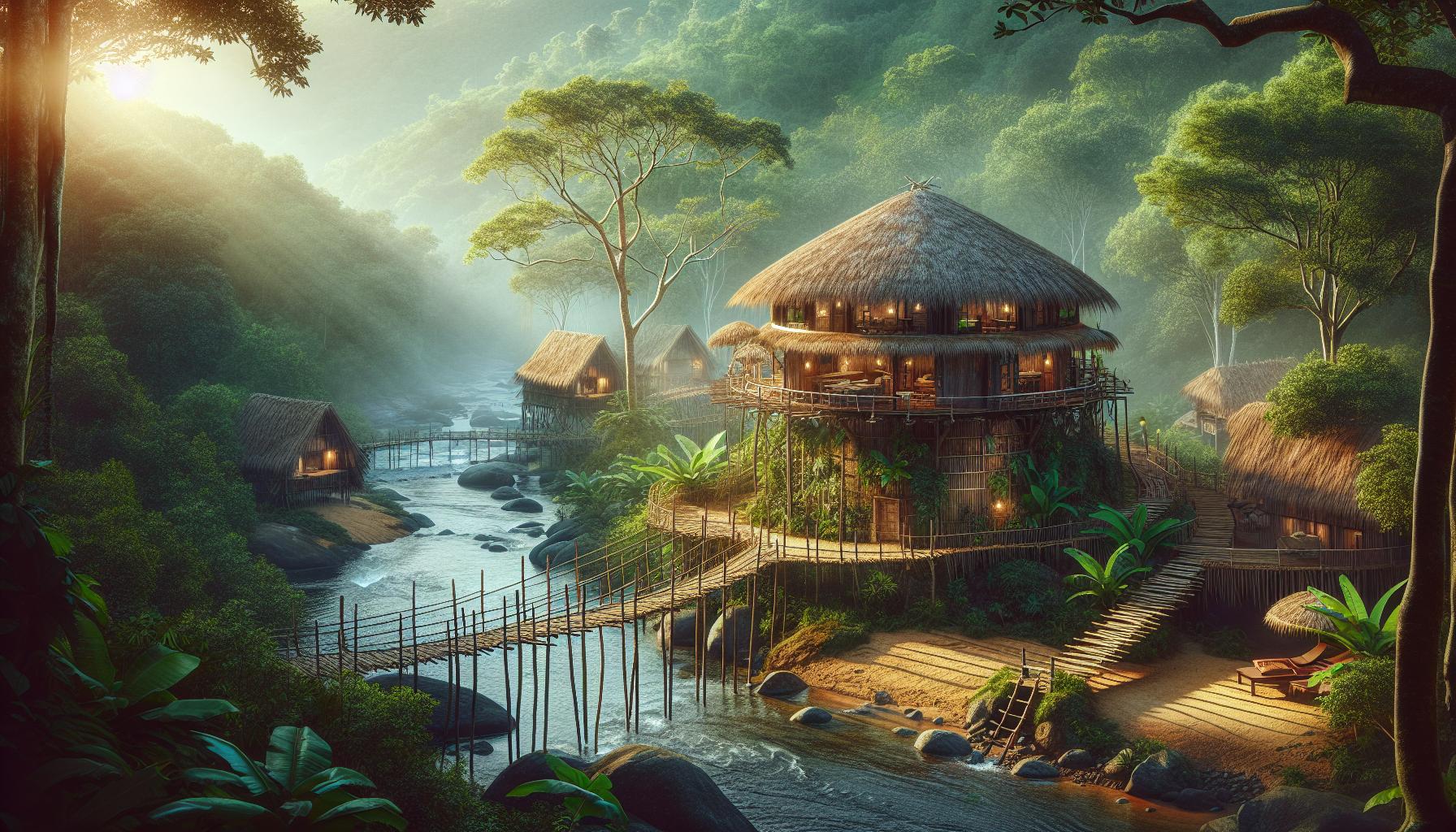 Tropical River Village with Thatched Roof Houses and Lush Greenery