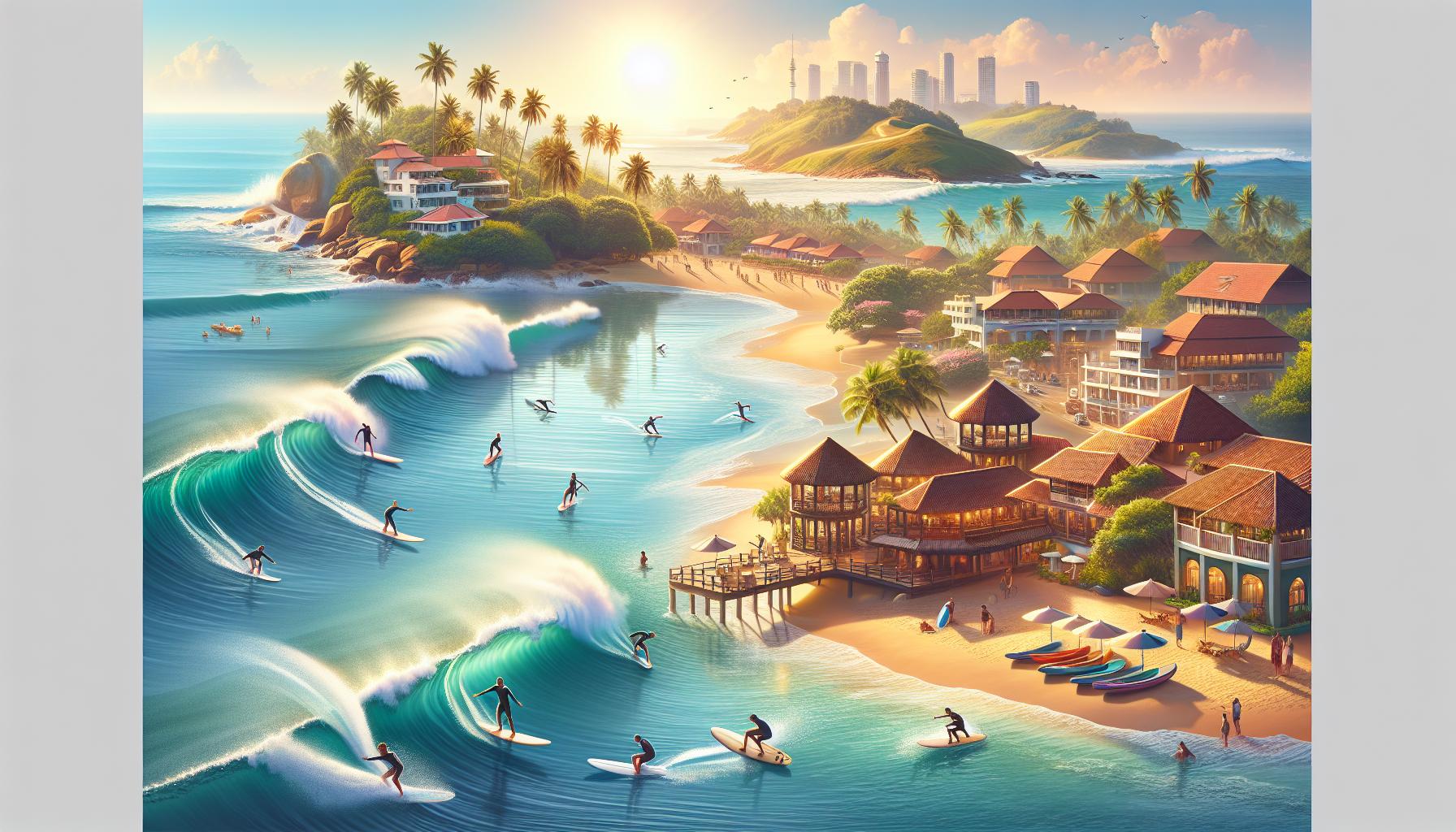 Tropical beach scene with surfers, palm trees, and seaside resorts at sunset