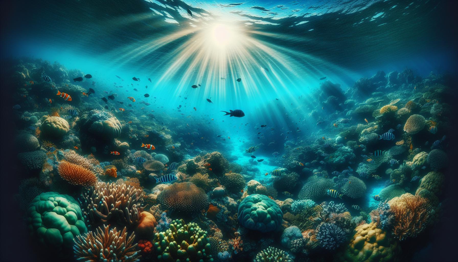 Underwater Coral Reef with Vibrant Marine Life and Sunlight Beaming Through Water