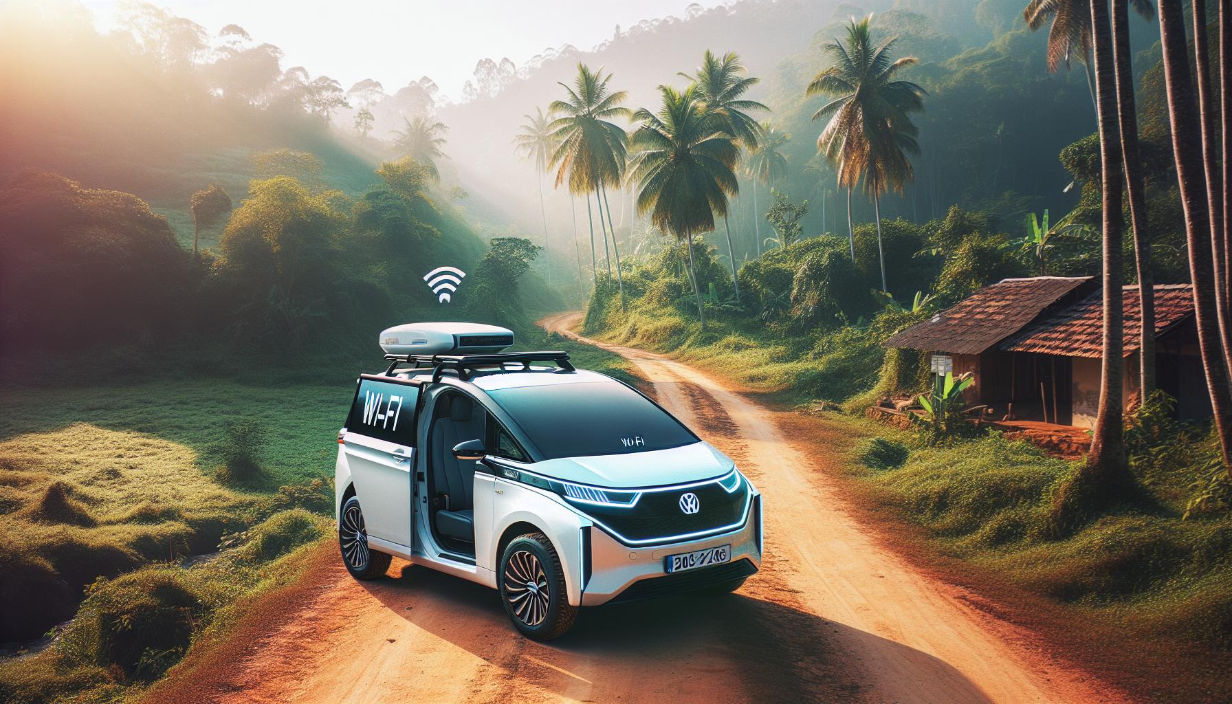 VW Electric Van with Wi-Fi in Tropical Landscape