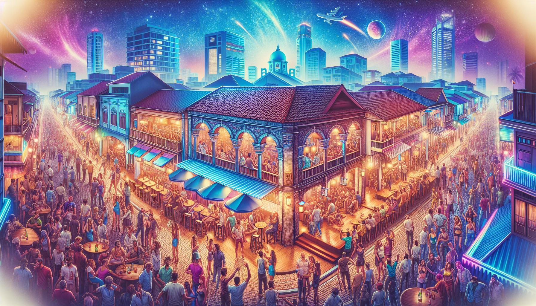 Vibrant Nightlife Street Scene with Cosmic Elements