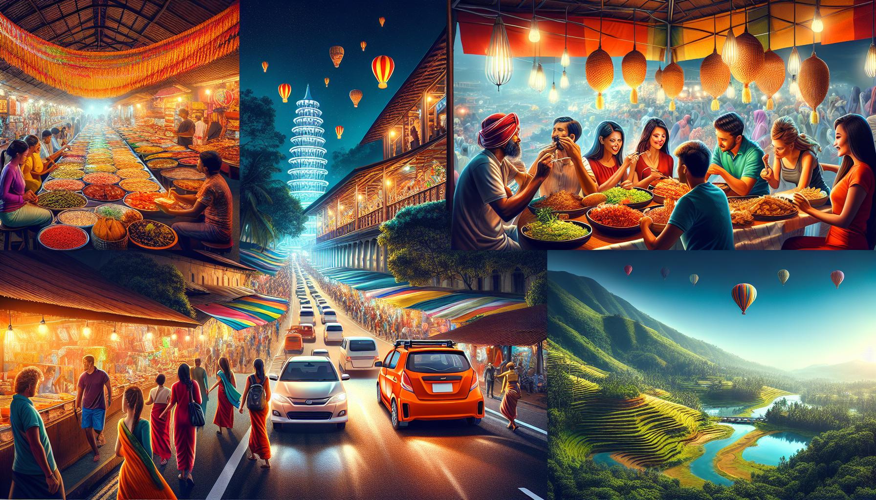 Vibrant festival scene featuring food stalls, bustling streets, and scenic landscapes with hot air balloons