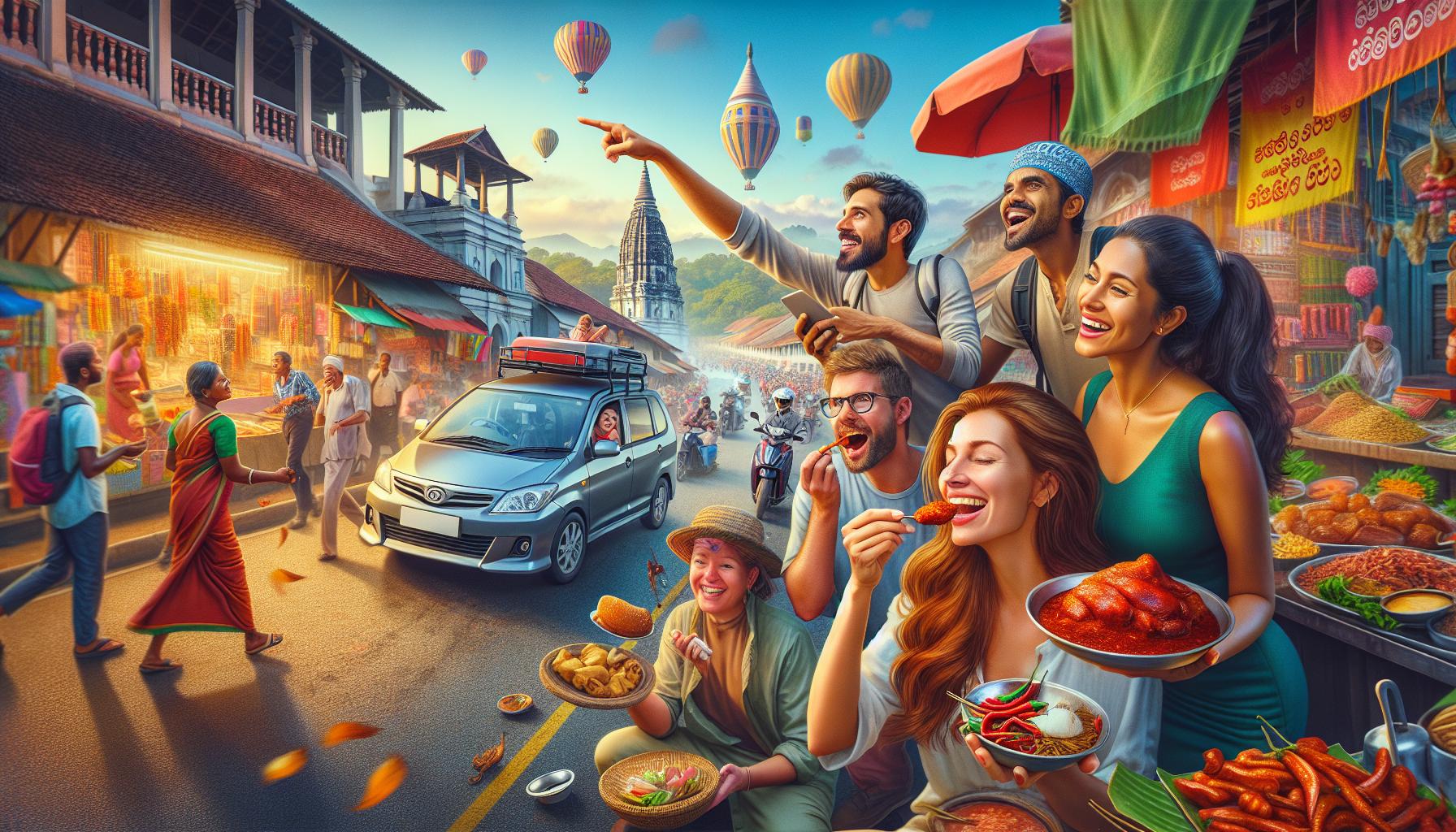 Vibrant street market scene featuring diverse people enjoying local food in a colorful atmosphere with hot air balloons in the background