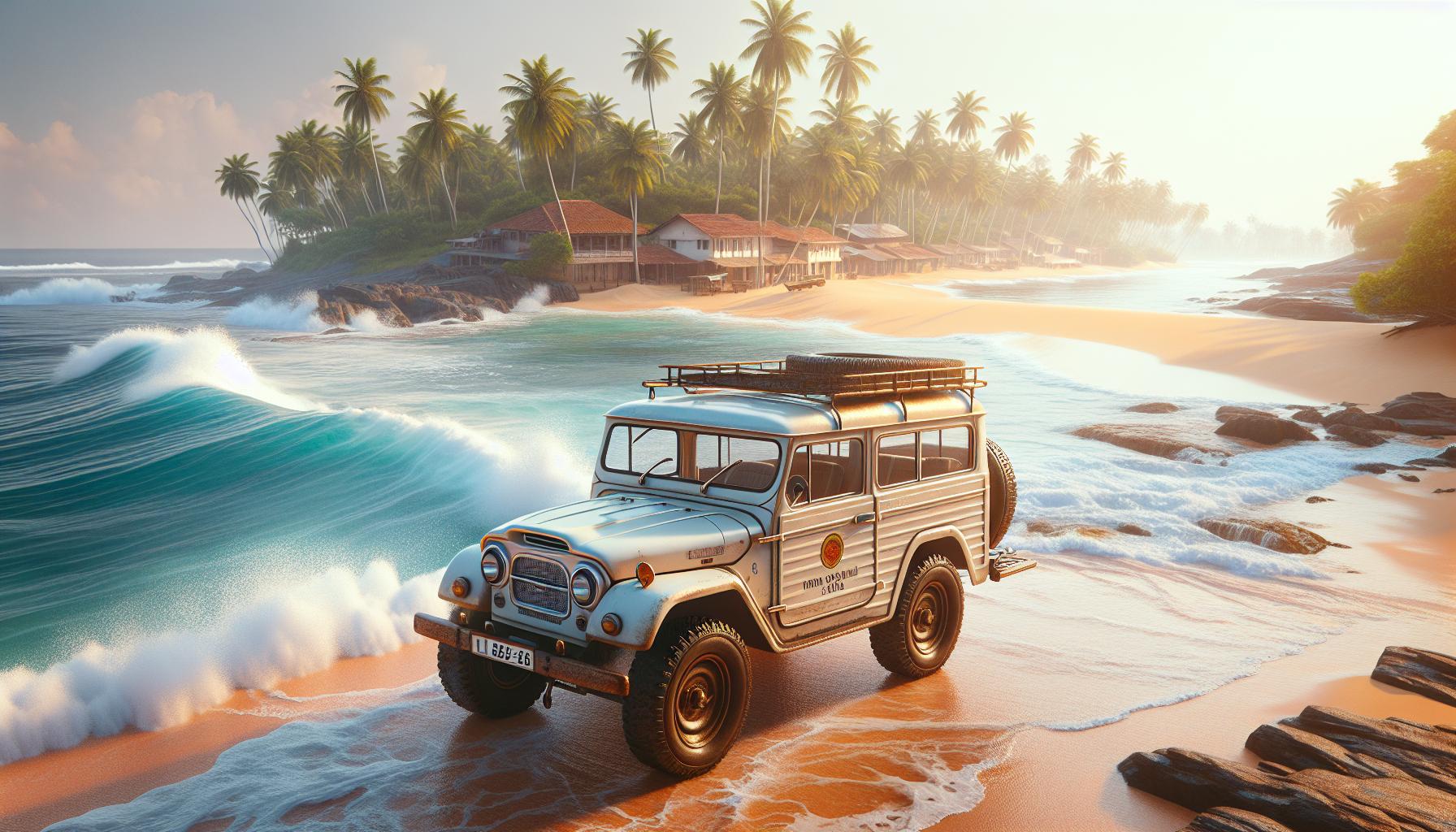 Vintage 4x4 Vehicle on Tropical Beach with Waves and Palm Trees