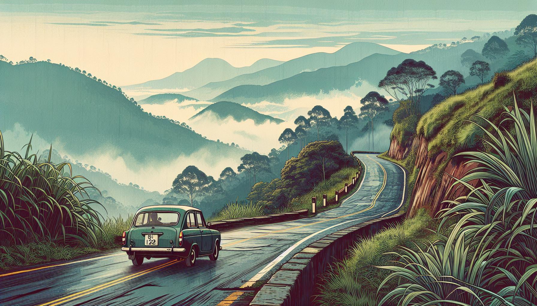 Vintage Car on a Scenic Mountain Road