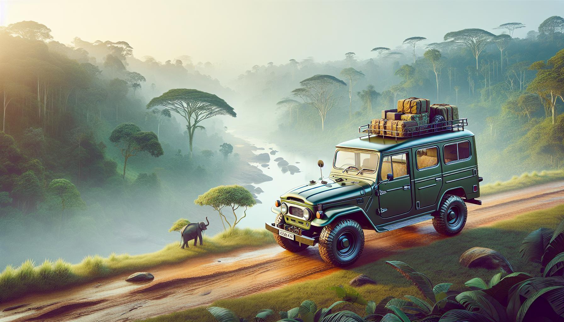 Vintage SUV Adventure in Lush Jungle Landscape