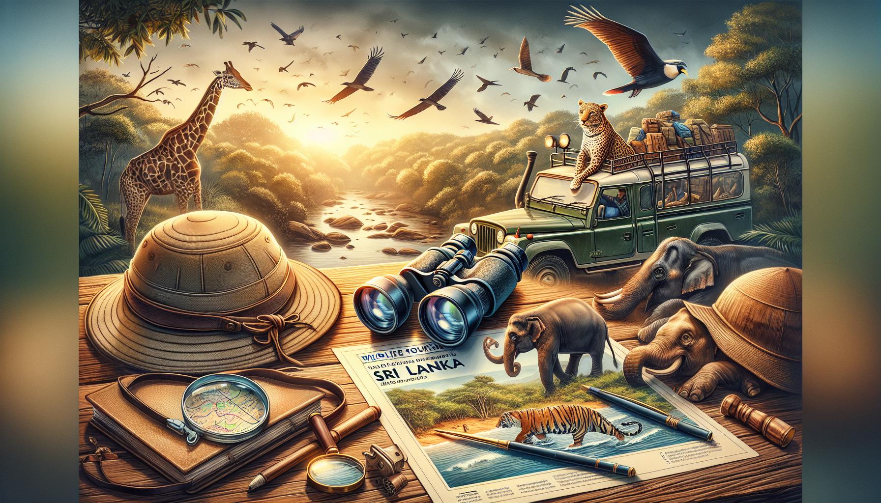 Wildlife Adventure in Sri Lanka with Giraffe, Elephants, and Safari Equipment