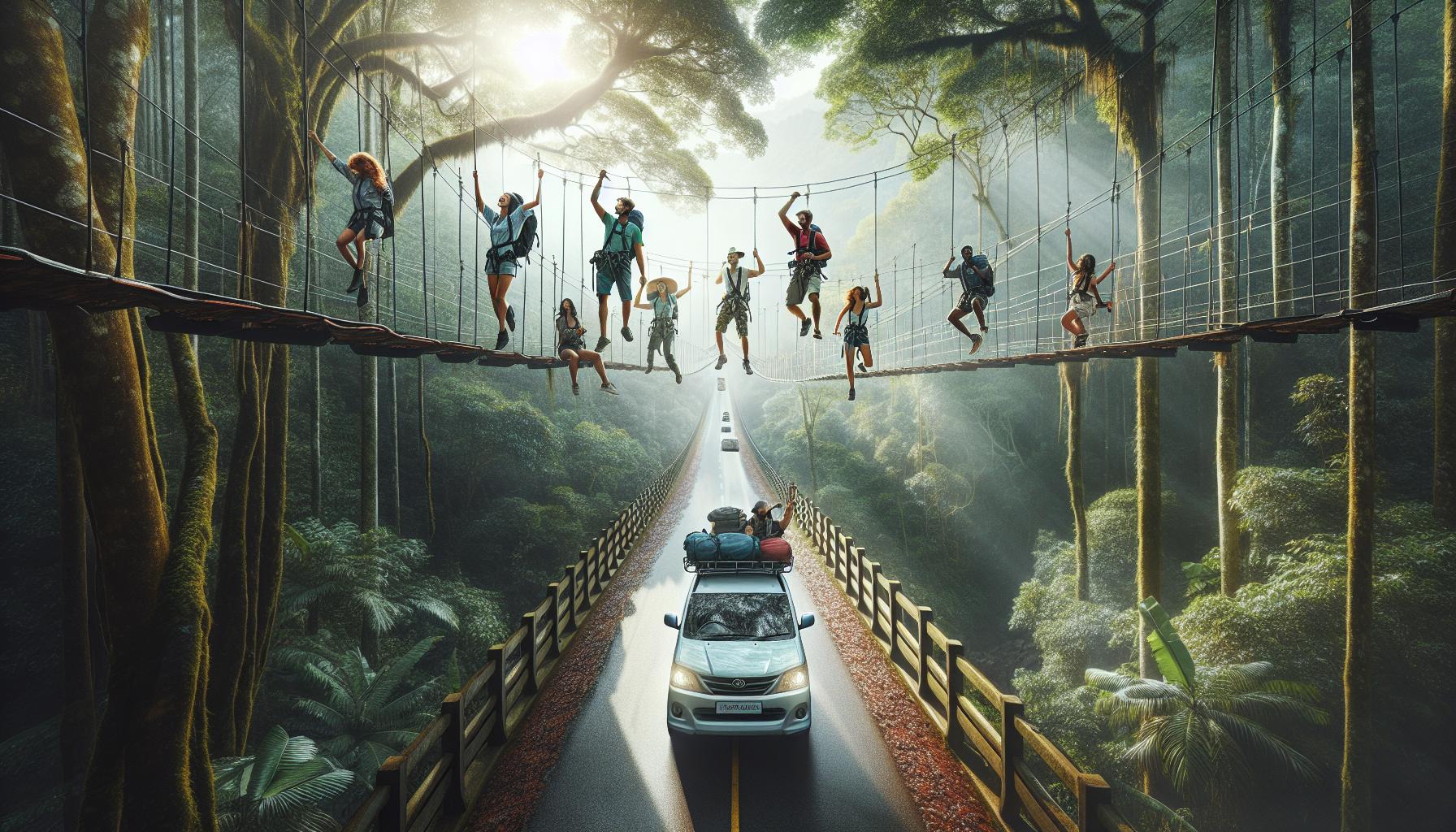 adventurers-crossing-suspension-bridge-in-lush-forest