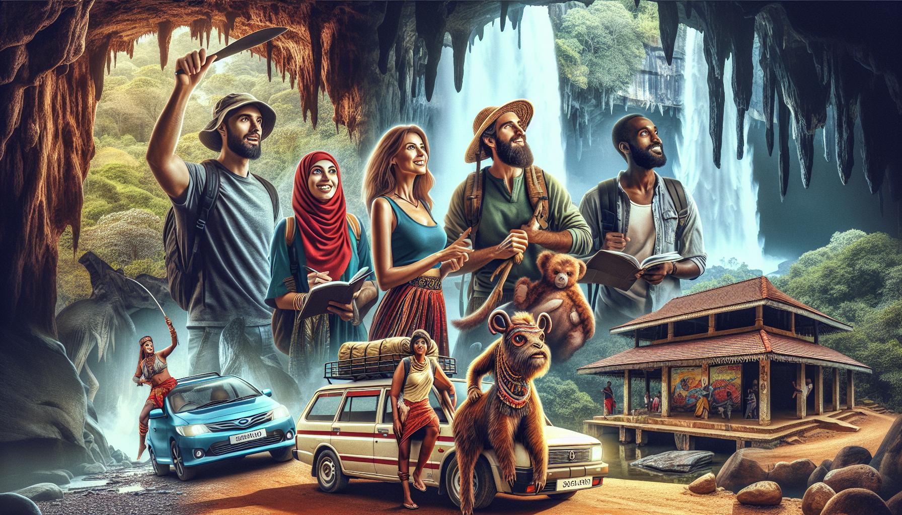 adventurous-group-exploring-cave-landscape-with-vehicles-and-animals
