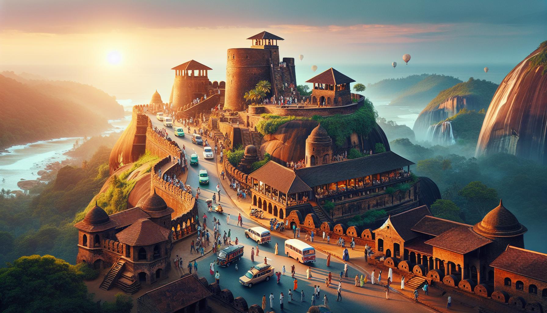 ancient-fortress-at-sunset-with-people-and-hot-air-balloons