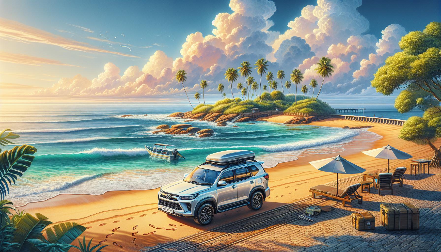 beach-scenery-with-car-and-boat-at-sunset